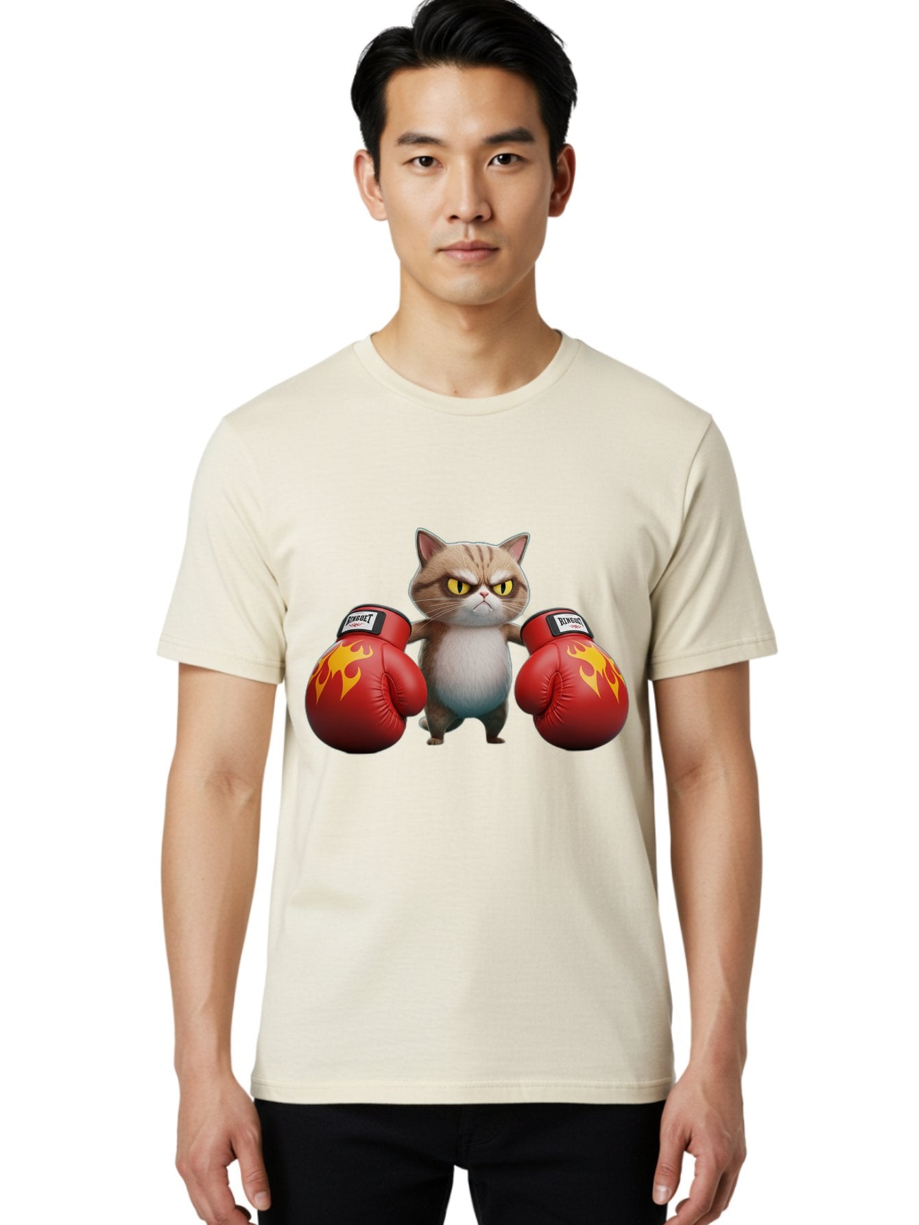 Expect-Cat-Boxer Men'S Graphic Tee, 100% Cotton, Comfortable Casual Summer Wear, Machine Washable, Aggressive Cat, Boxing Gloves, Fighting Cat, Expect Label, Feline Fighter, Cartoon Cat, Yellow Eyes, Red Gloves, Flame Design Bae444 17