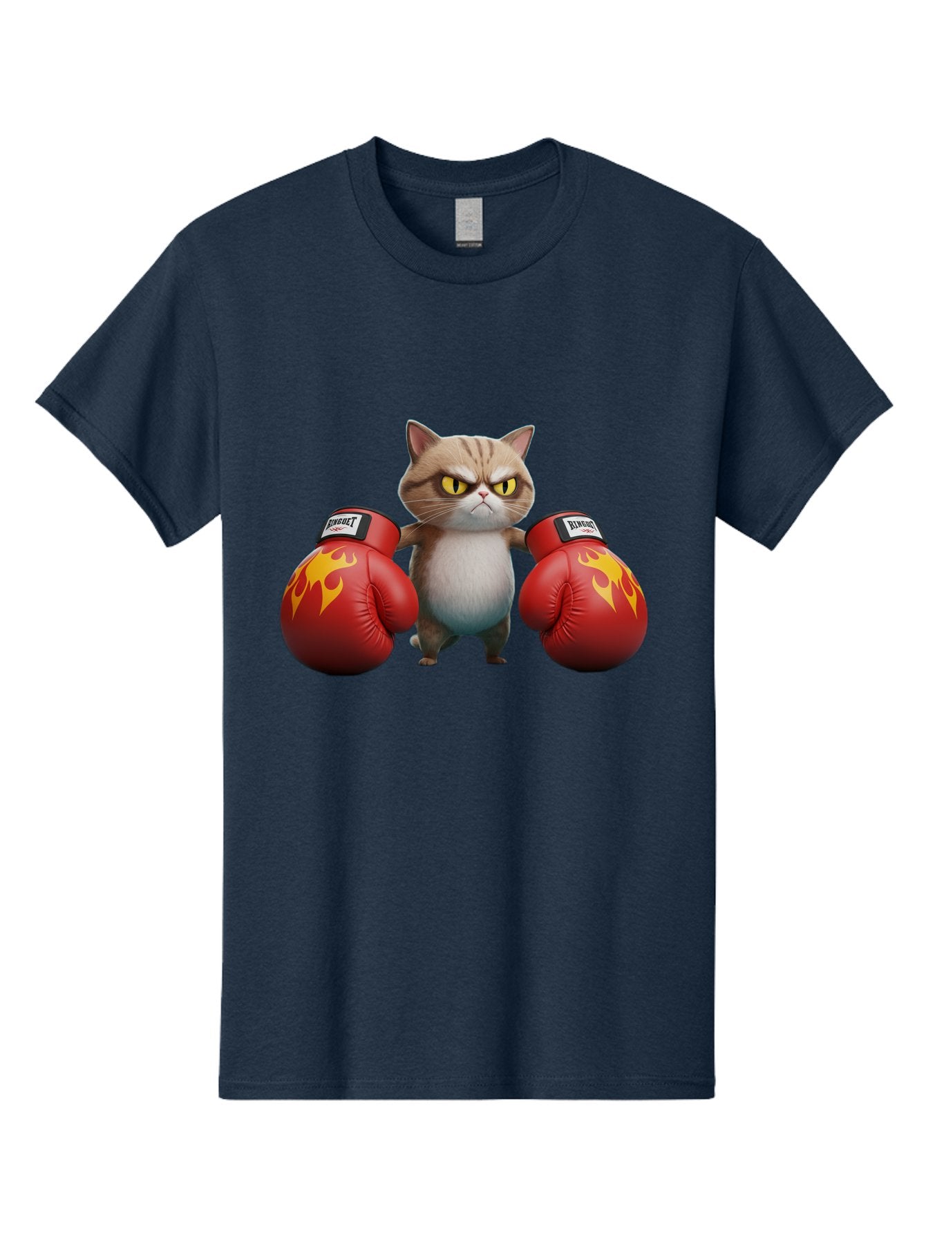 Expect-Cat-Boxer Men'S Graphic Tee, 100% Cotton, Comfortable Casual Summer Wear, Machine Washable, Aggressive Cat, Boxing Gloves, Fighting Cat, Expect Label, Feline Fighter, Cartoon Cat, Yellow Eyes, Red Gloves, Flame Design Bae444 12