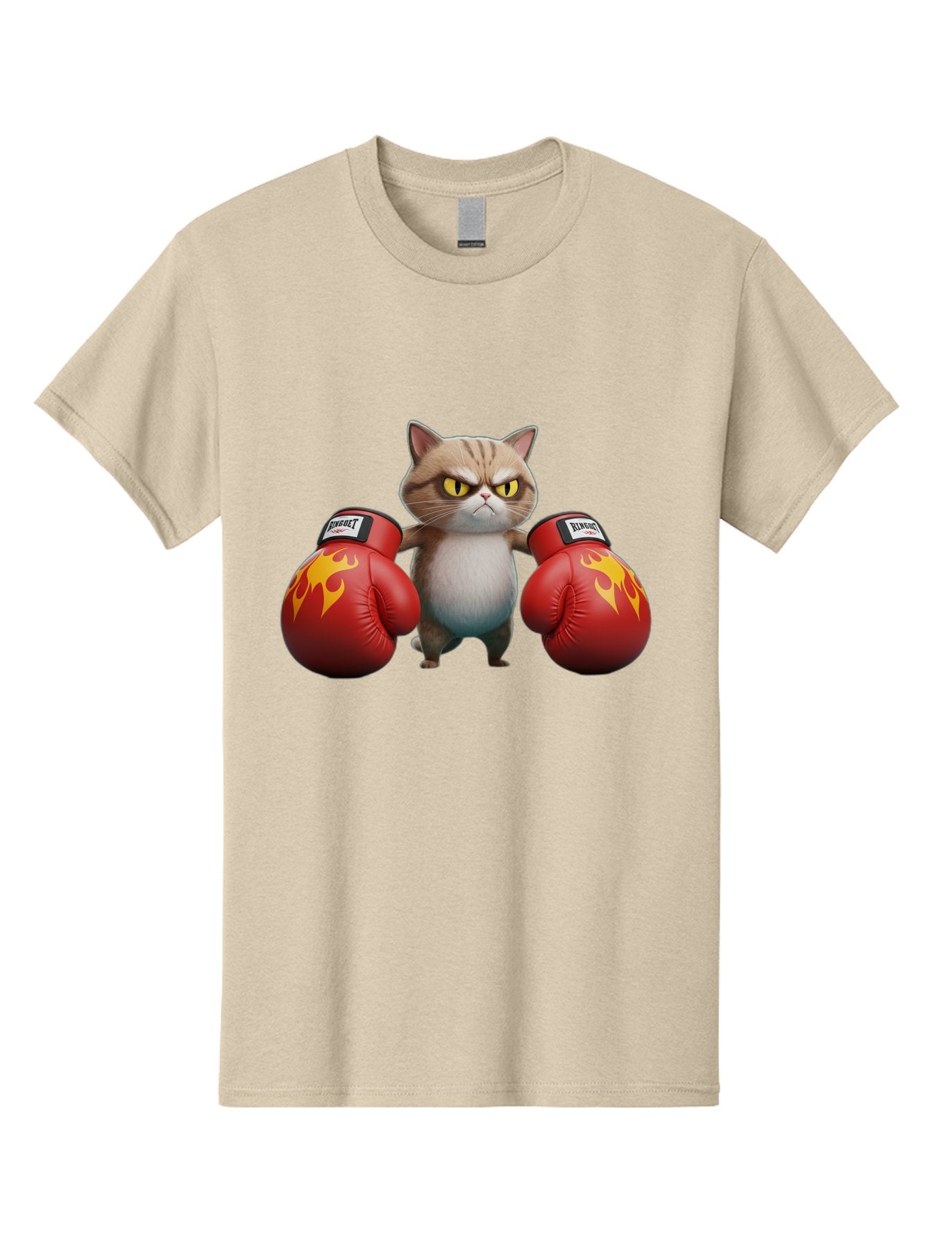 Expect-Cat-Boxer Men'S Graphic Tee, 100% Cotton, Comfortable Casual Summer Wear, Machine Washable, Aggressive Cat, Boxing Gloves, Fighting Cat, Expect Label, Feline Fighter, Cartoon Cat, Yellow Eyes, Red Gloves, Flame Design Bae444 6