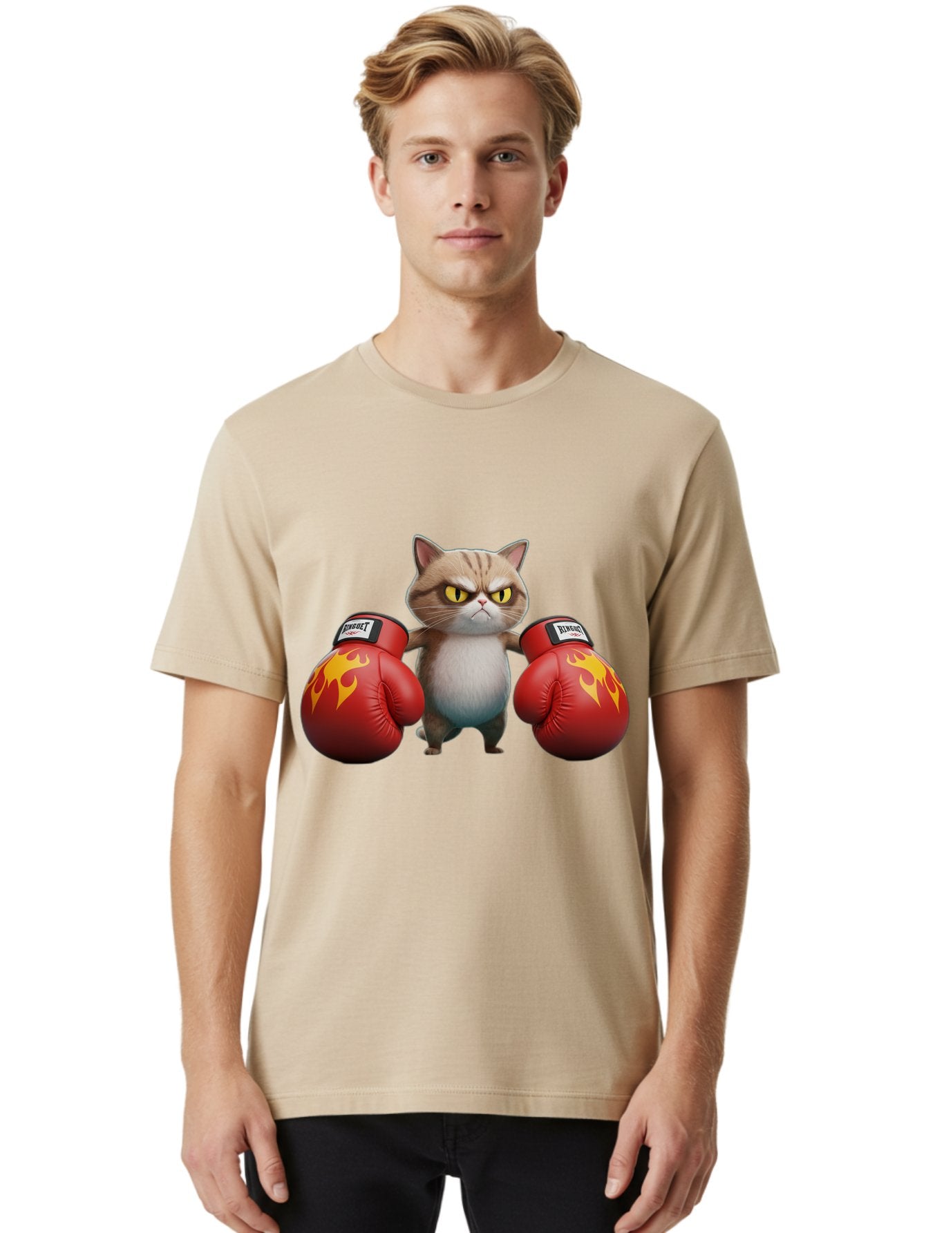 Expect-Cat-Boxer Men'S Graphic Tee, 100% Cotton, Comfortable Casual Summer Wear, Machine Washable, Aggressive Cat, Boxing Gloves, Fighting Cat, Expect Label, Feline Fighter, Cartoon Cat, Yellow Eyes, Red Gloves, Flame Design Bae444 24