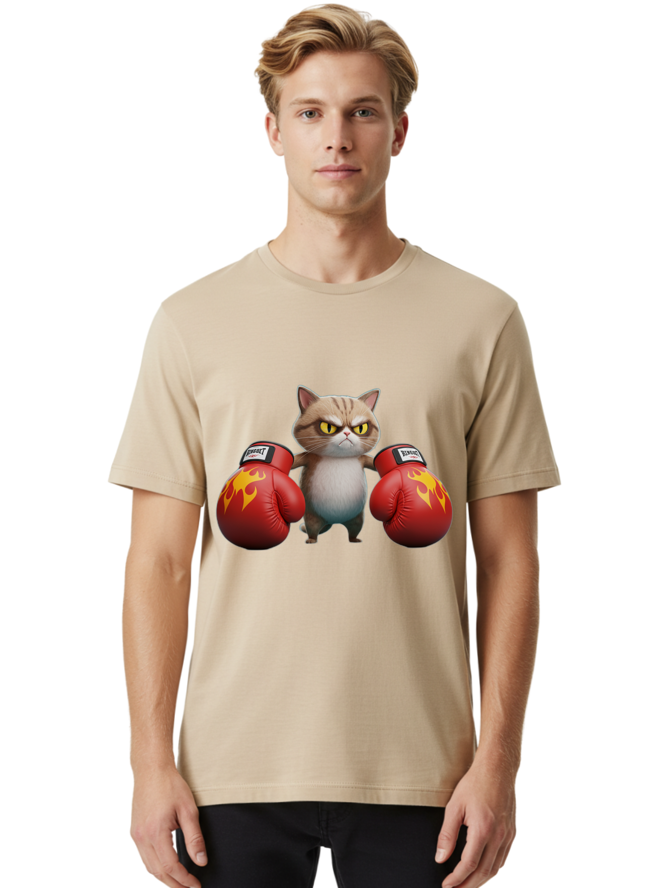 Expect-Cat-Boxer Men'S Graphic Tee, 100% Cotton, Comfortable Casual Summer Wear, Machine Washable, Aggressive Cat, Boxing Gloves, Fighting Cat, Expect Label, Feline Fighter, Cartoon Cat, Yellow Eyes, Red Gloves, Flame Design Bae444 22