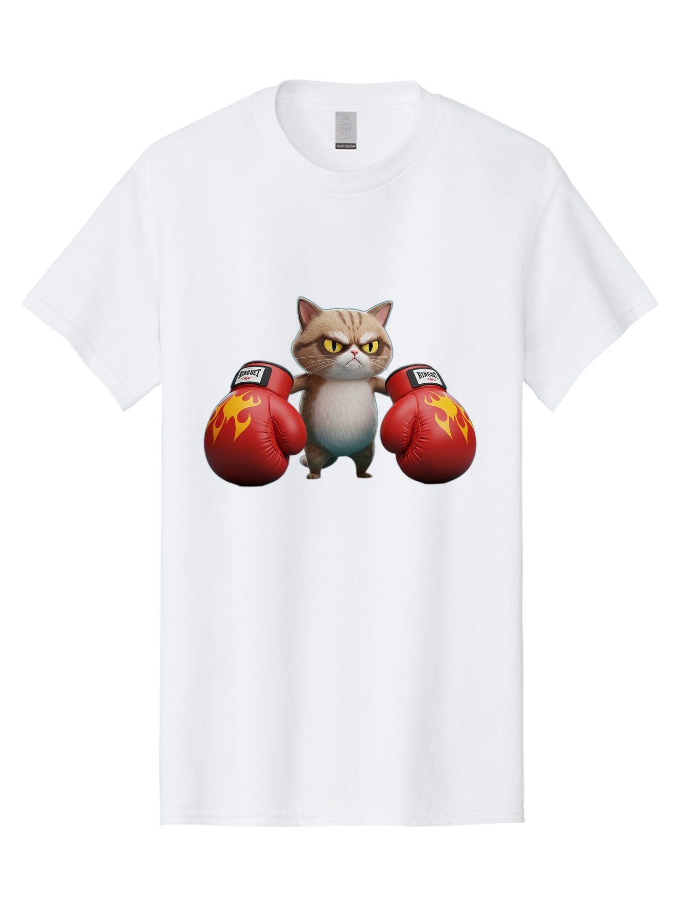Expect-Cat-Boxer Men'S Graphic Tee, 100% Cotton, Comfortable Casual Summer Wear, Machine Washable, Aggressive Cat, Boxing Gloves, Fighting Cat, Expect Label, Feline Fighter, Cartoon Cat, Yellow Eyes, Red Gloves, Flame Design Bae444