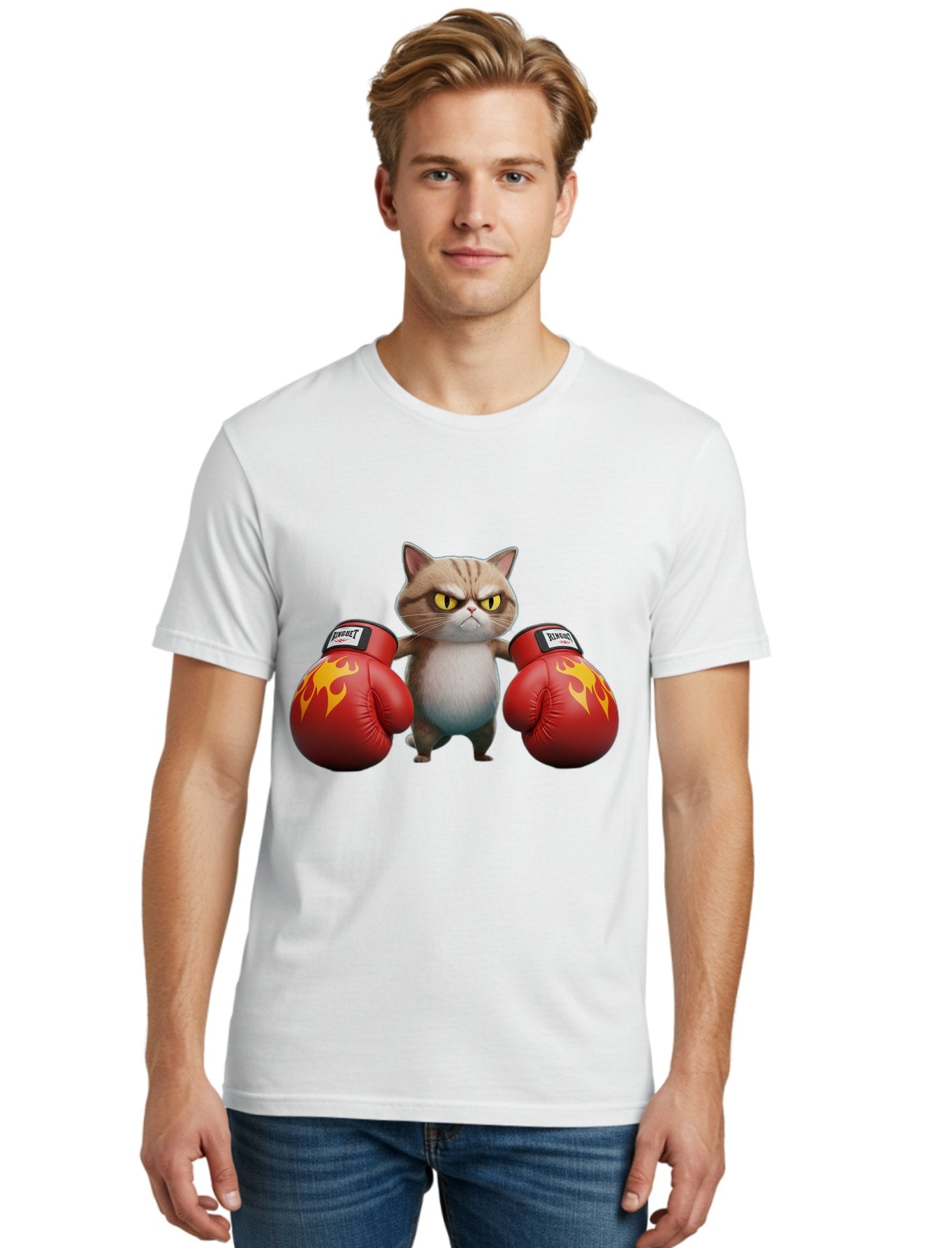Expect-Cat-Boxer Men'S Graphic Tee, 100% Cotton, Comfortable Casual Summer Wear, Machine Washable, Aggressive Cat, Boxing Gloves, Fighting Cat, Expect Label, Feline Fighter, Cartoon Cat, Yellow Eyes, Red Gloves, Flame Design Bae444 19