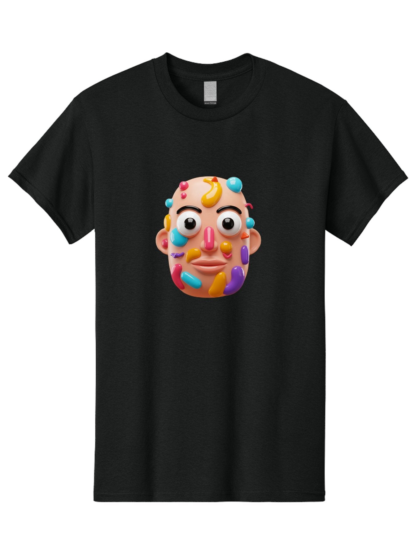 Face-With-Jelly-Beans Men'S Graphic Tee, 100% Cotton, Comfortable Casual Summer Wear, Machine Washable, Cartoon Head, Colorful Face, 3D Rendering, Vibrant Colors, Playful Design, Exaggerated Features, Creative Art, Digital Illustration, Bae445 13