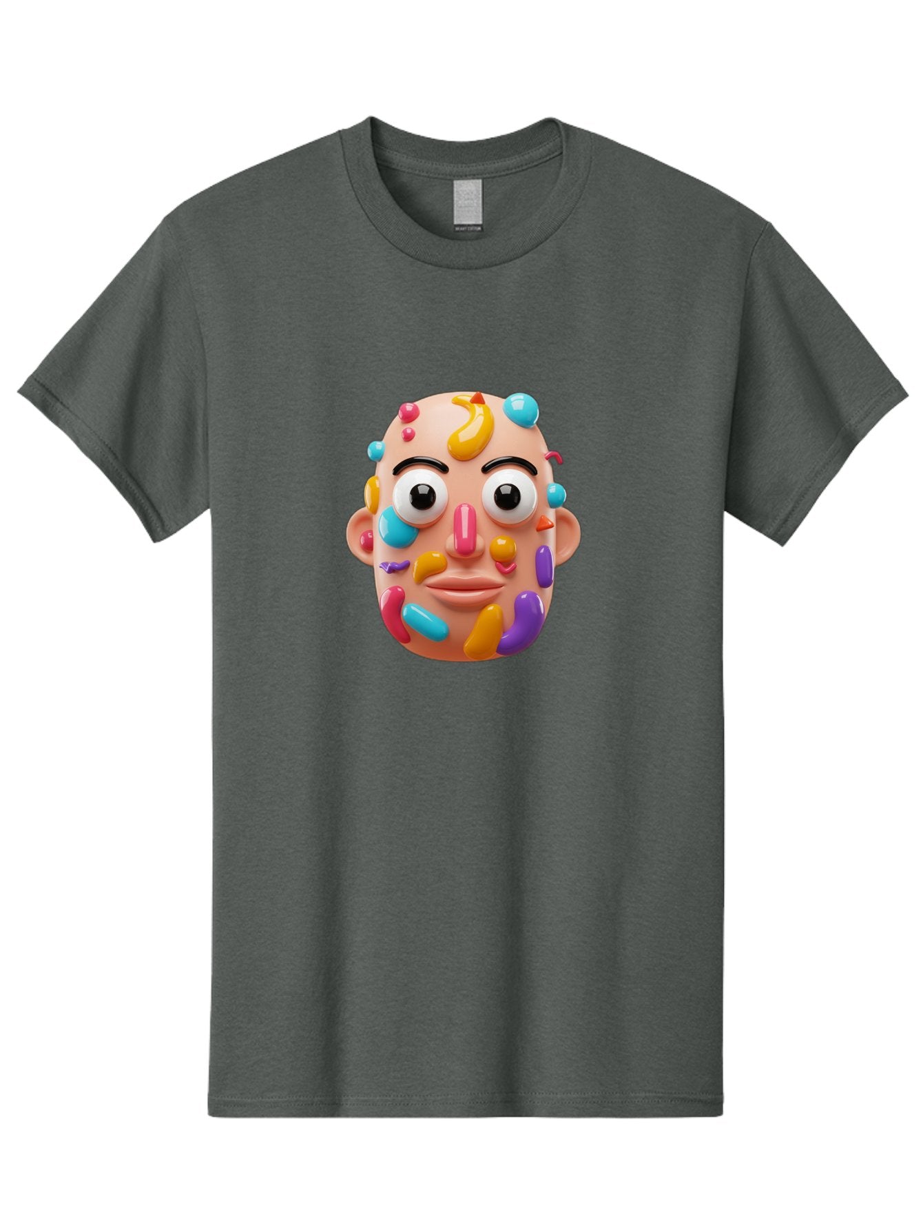 Face-With-Jelly-Beans Men'S Graphic Tee, 100% Cotton, Comfortable Casual Summer Wear, Machine Washable, Cartoon Head, Colorful Face, 3D Rendering, Vibrant Colors, Playful Design, Exaggerated Features, Creative Art, Digital Illustration, Bae445 15