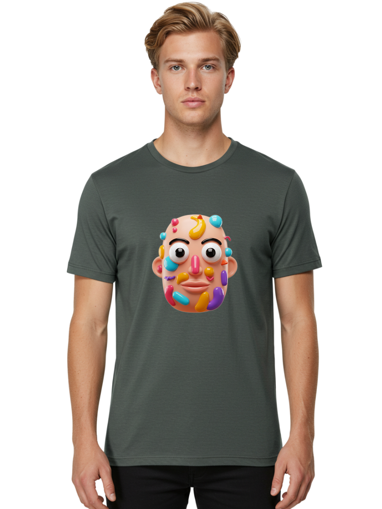 Face-With-Jelly-Beans Men'S Graphic Tee, 100% Cotton, Comfortable Casual Summer Wear, Machine Washable, Cartoon Head, Colorful Face, 3D Rendering, Vibrant Colors, Playful Design, Exaggerated Features, Creative Art, Digital Illustration, Bae445 16