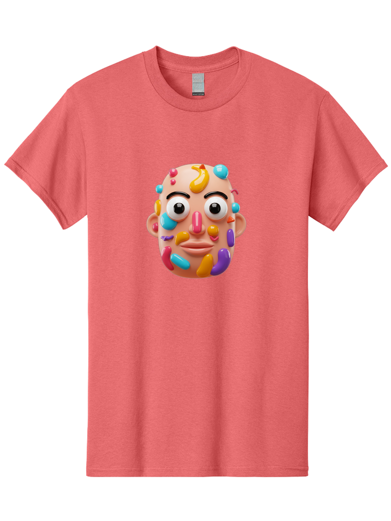 Face-With-Jelly-Beans Men'S Graphic Tee, 100% Cotton, Comfortable Casual Summer Wear, Machine Washable, Cartoon Head, Colorful Face, 3D Rendering, Vibrant Colors, Playful Design, Exaggerated Features, Creative Art, Digital Illustration, Bae445 4