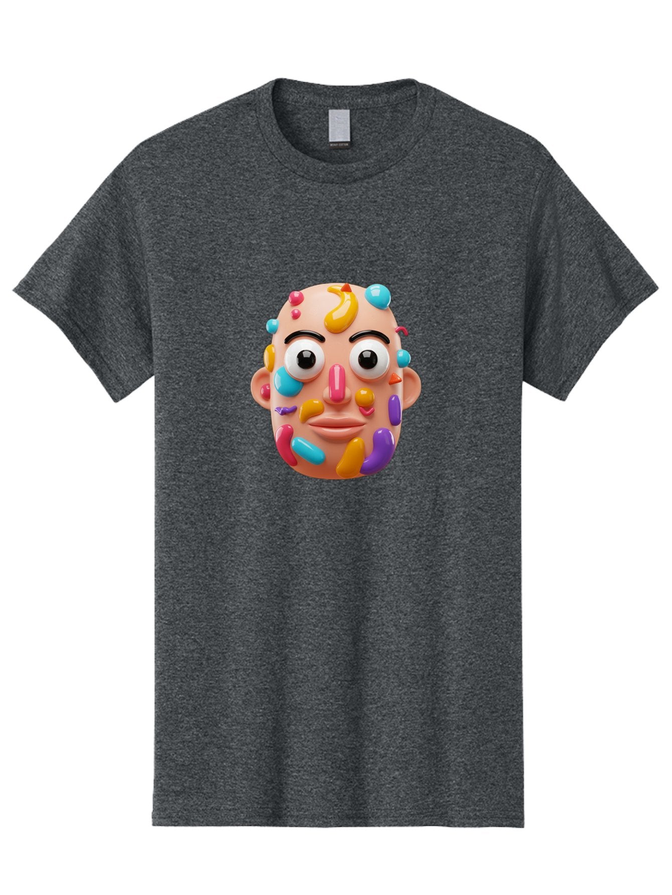 Face-With-Jelly-Beans Men'S Graphic Tee, 100% Cotton, Comfortable Casual Summer Wear, Machine Washable, Cartoon Head, Colorful Face, 3D Rendering, Vibrant Colors, Playful Design, Exaggerated Features, Creative Art, Digital Illustration, Bae445 5