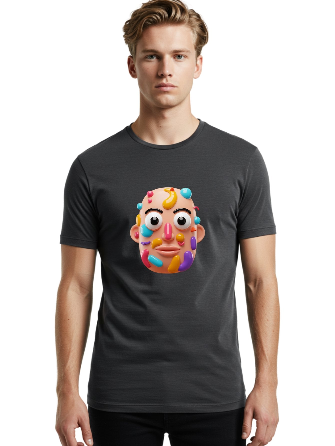 Face-With-Jelly-Beans Men'S Graphic Tee, 100% Cotton, Comfortable Casual Summer Wear, Machine Washable, Cartoon Head, Colorful Face, 3D Rendering, Vibrant Colors, Playful Design, Exaggerated Features, Creative Art, Digital Illustration, Bae445 23