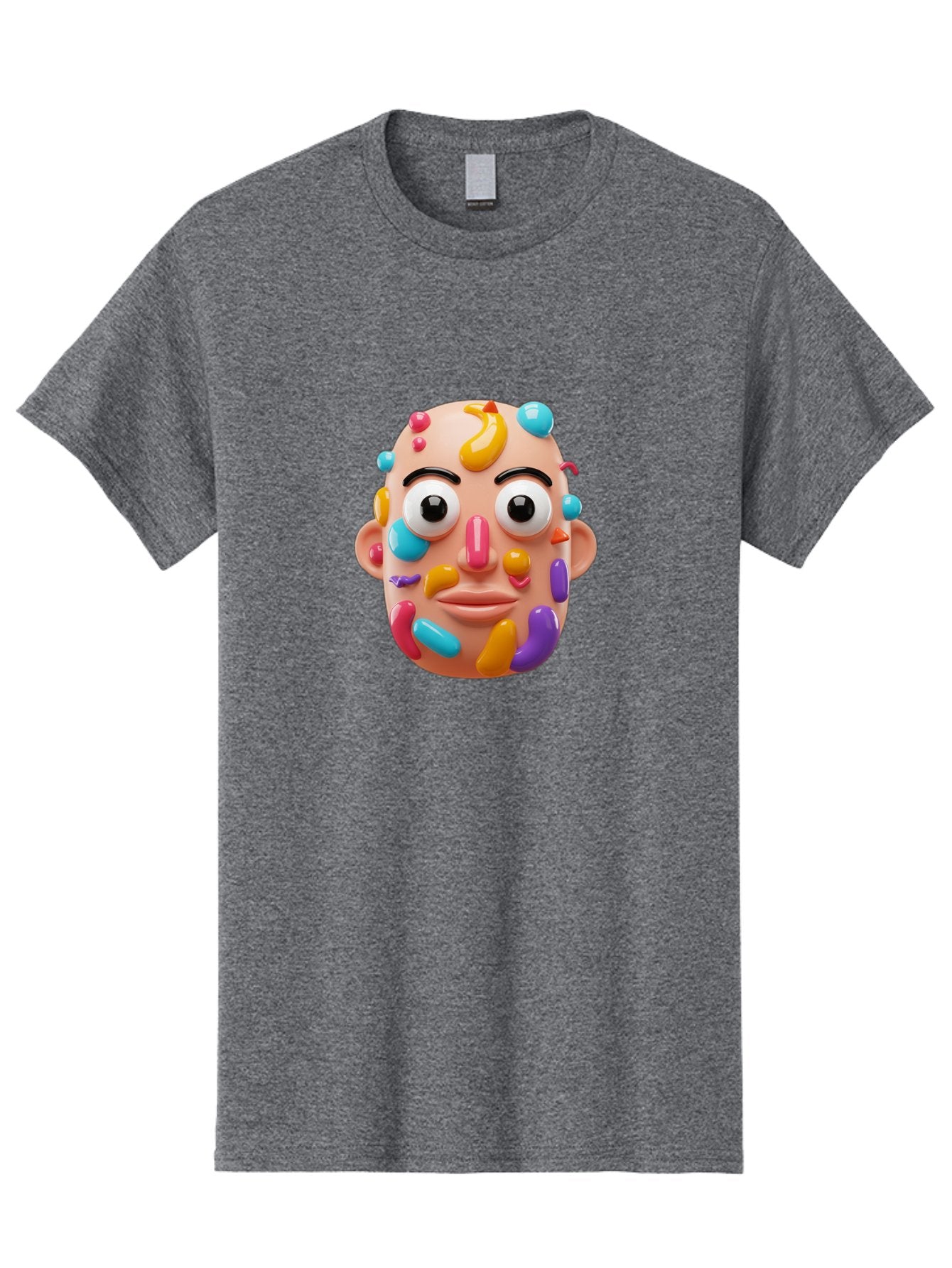 Face-With-Jelly-Beans Men'S Graphic Tee, 100% Cotton, Comfortable Casual Summer Wear, Machine Washable, Cartoon Head, Colorful Face, 3D Rendering, Vibrant Colors, Playful Design, Exaggerated Features, Creative Art, Digital Illustration, Bae445