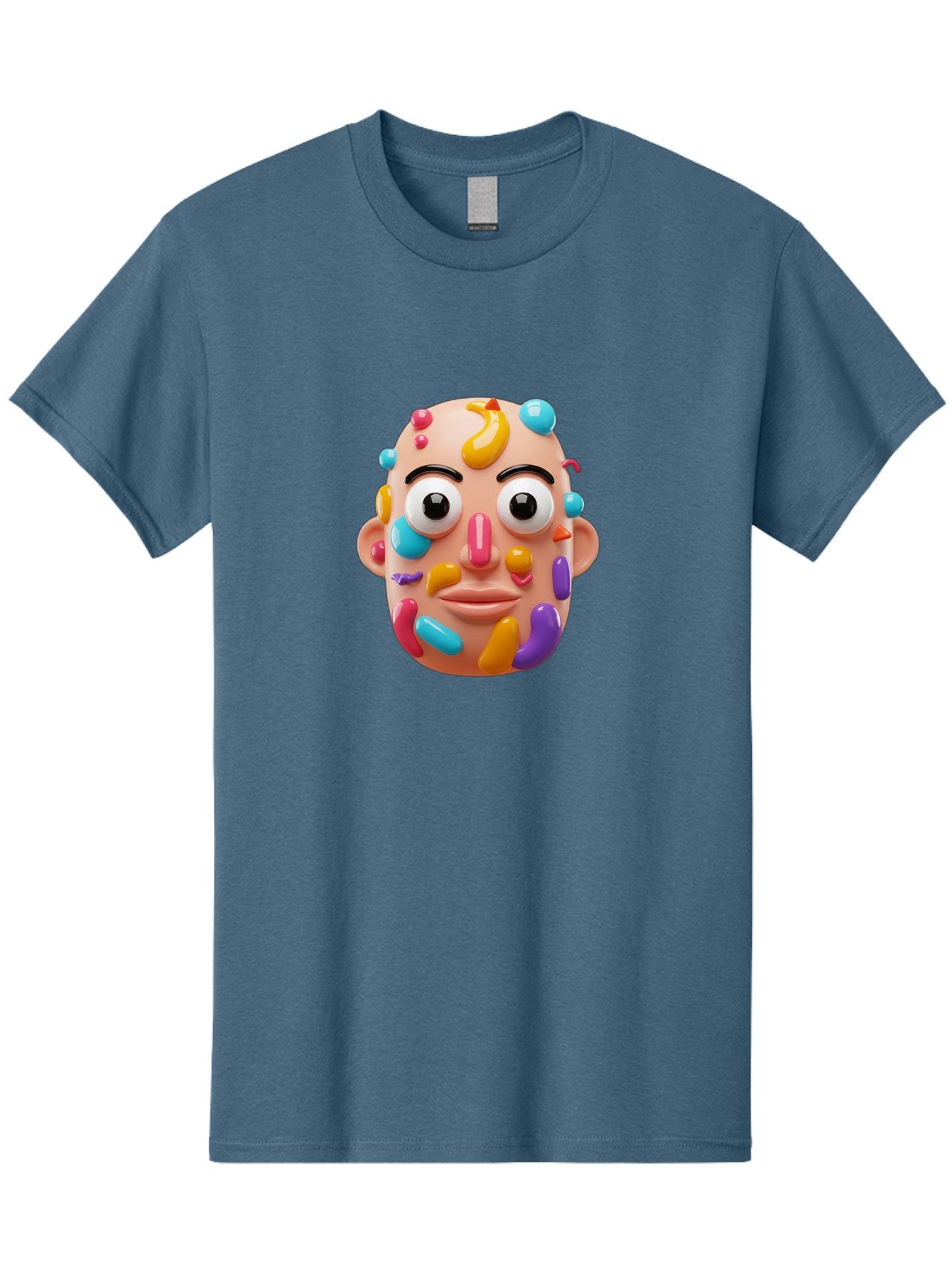 Face-With-Jelly-Beans Men'S Graphic Tee, 100% Cotton, Comfortable Casual Summer Wear, Machine Washable, Cartoon Head, Colorful Face, 3D Rendering, Vibrant Colors, Playful Design, Exaggerated Features, Creative Art, Digital Illustration, Bae445 9