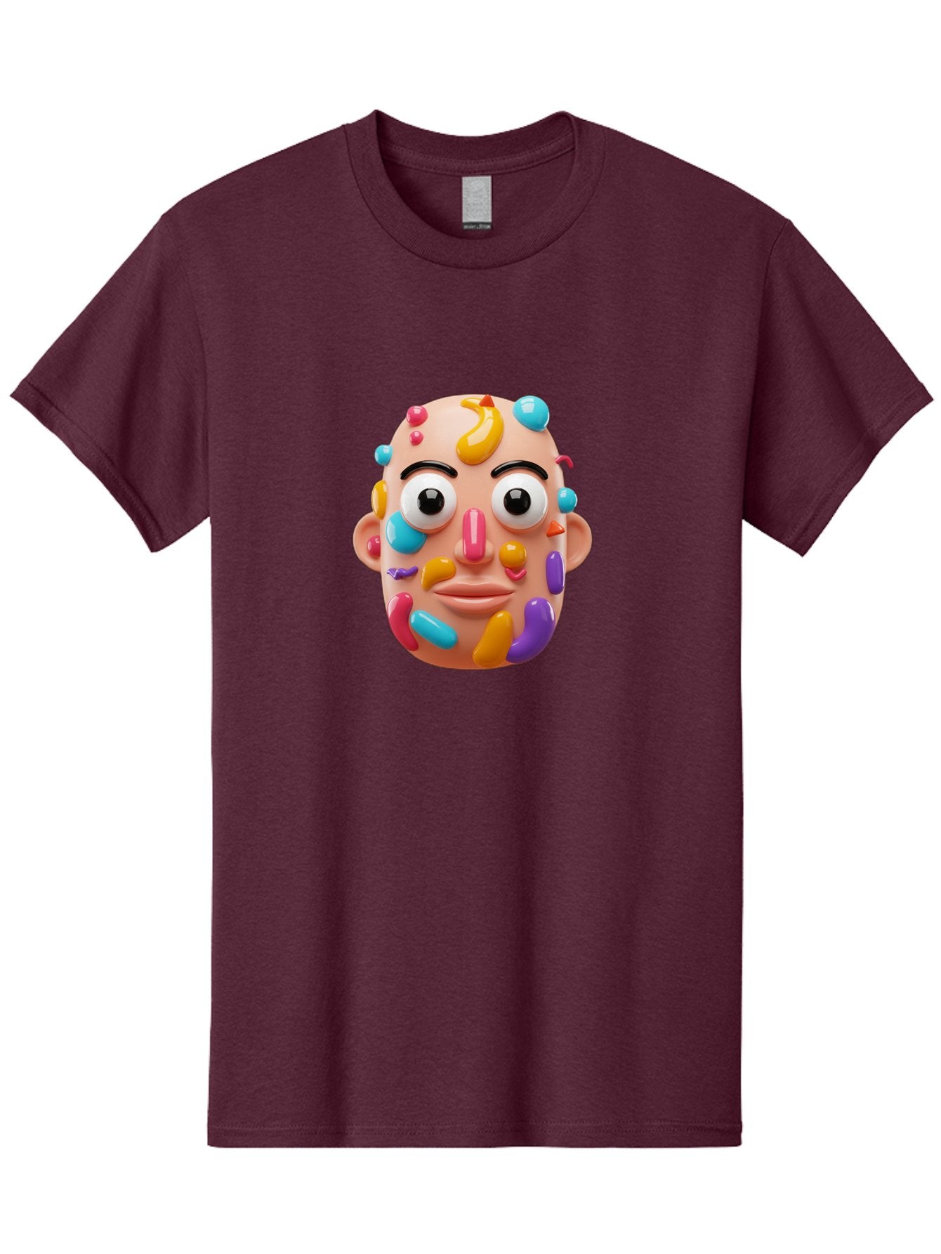 Face-With-Jelly-Beans Men'S Graphic Tee, 100% Cotton, Comfortable Casual Summer Wear, Machine Washable, Cartoon Head, Colorful Face, 3D Rendering, Vibrant Colors, Playful Design, Exaggerated Features, Creative Art, Digital Illustration, Bae445 3