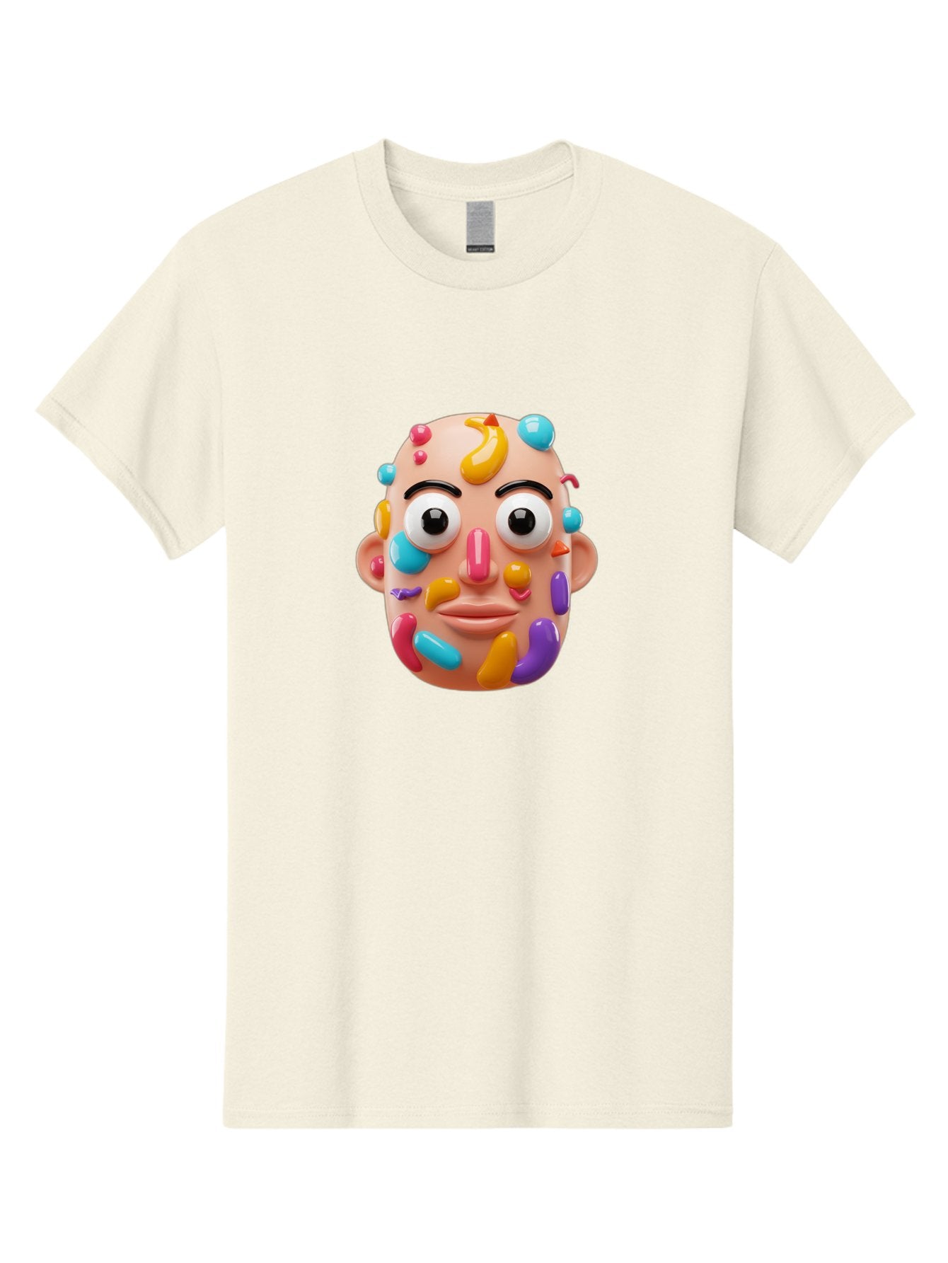 Face-With-Jelly-Beans Men'S Graphic Tee, 100% Cotton, Comfortable Casual Summer Wear, Machine Washable, Cartoon Head, Colorful Face, 3D Rendering, Vibrant Colors, Playful Design, Exaggerated Features, Creative Art, Digital Illustration, Bae445 8