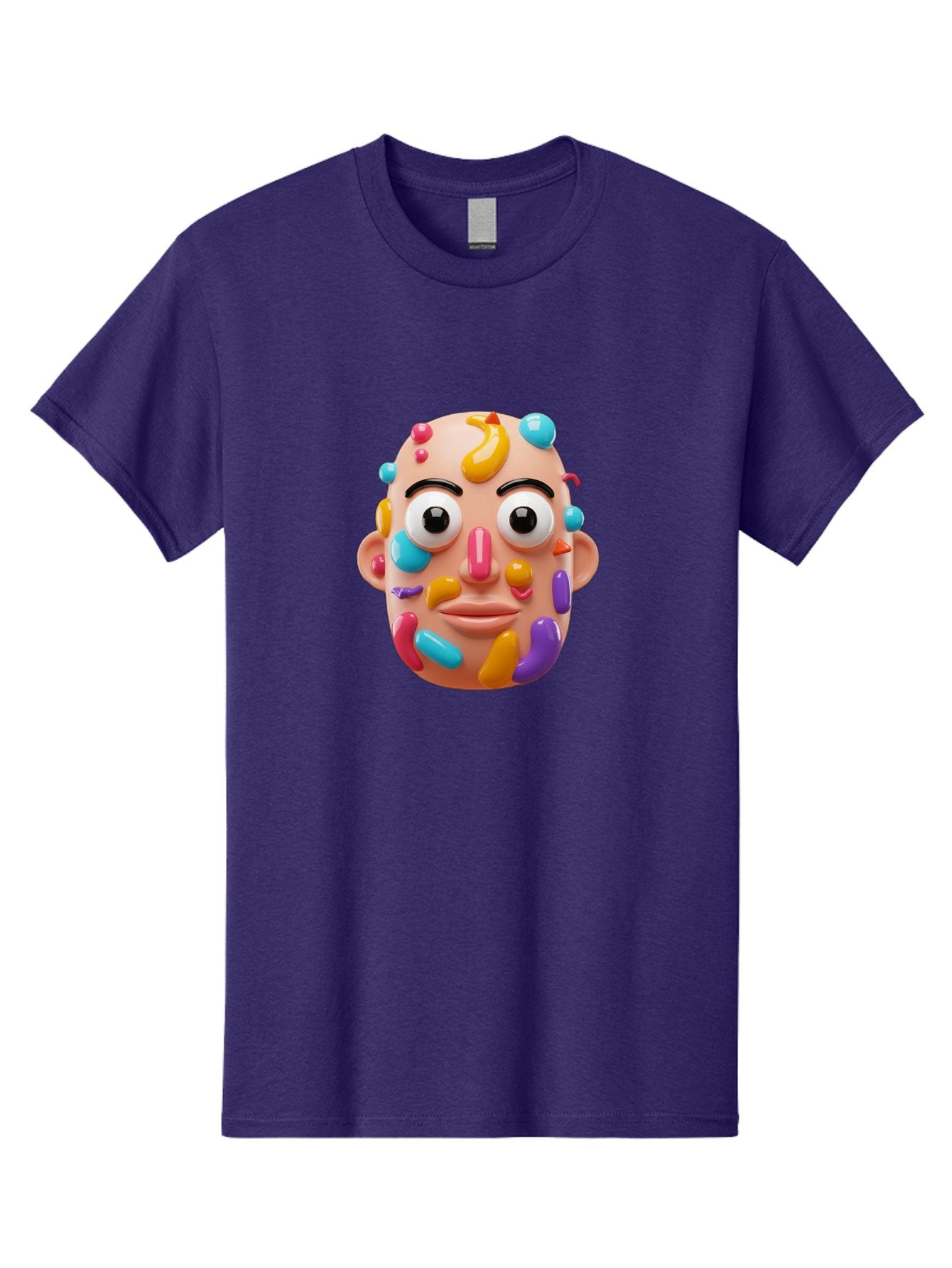 Face-With-Jelly-Beans Men'S Graphic Tee, 100% Cotton, Comfortable Casual Summer Wear, Machine Washable, Cartoon Head, Colorful Face, 3D Rendering, Vibrant Colors, Playful Design, Exaggerated Features, Creative Art, Digital Illustration, Bae445
