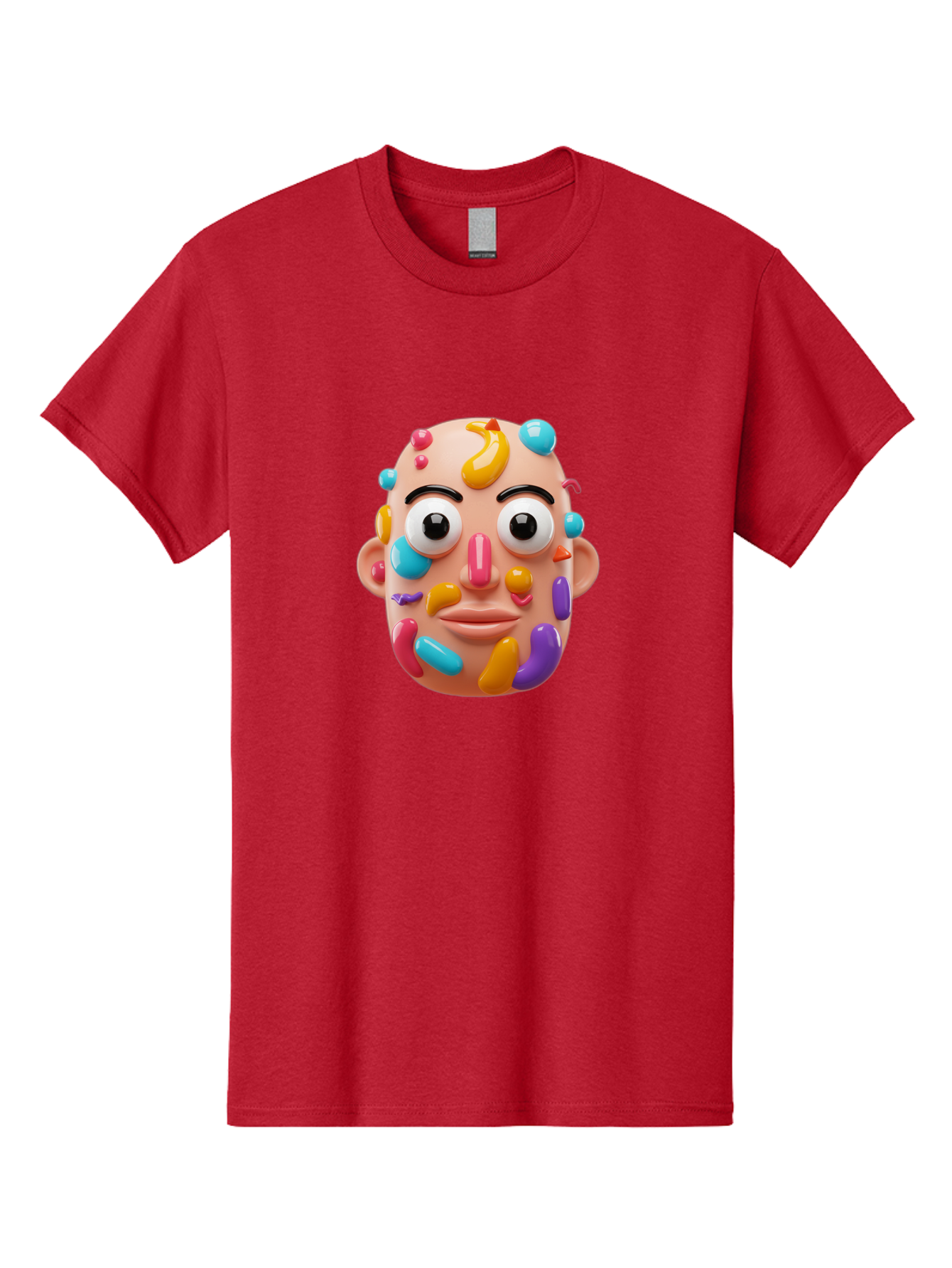 Face-With-Jelly-Beans Men'S Graphic Tee, 100% Cotton, Comfortable Casual Summer Wear, Machine Washable, Cartoon Head, Colorful Face, 3D Rendering, Vibrant Colors, Playful Design, Exaggerated Features, Creative Art, Digital Illustration, Bae445