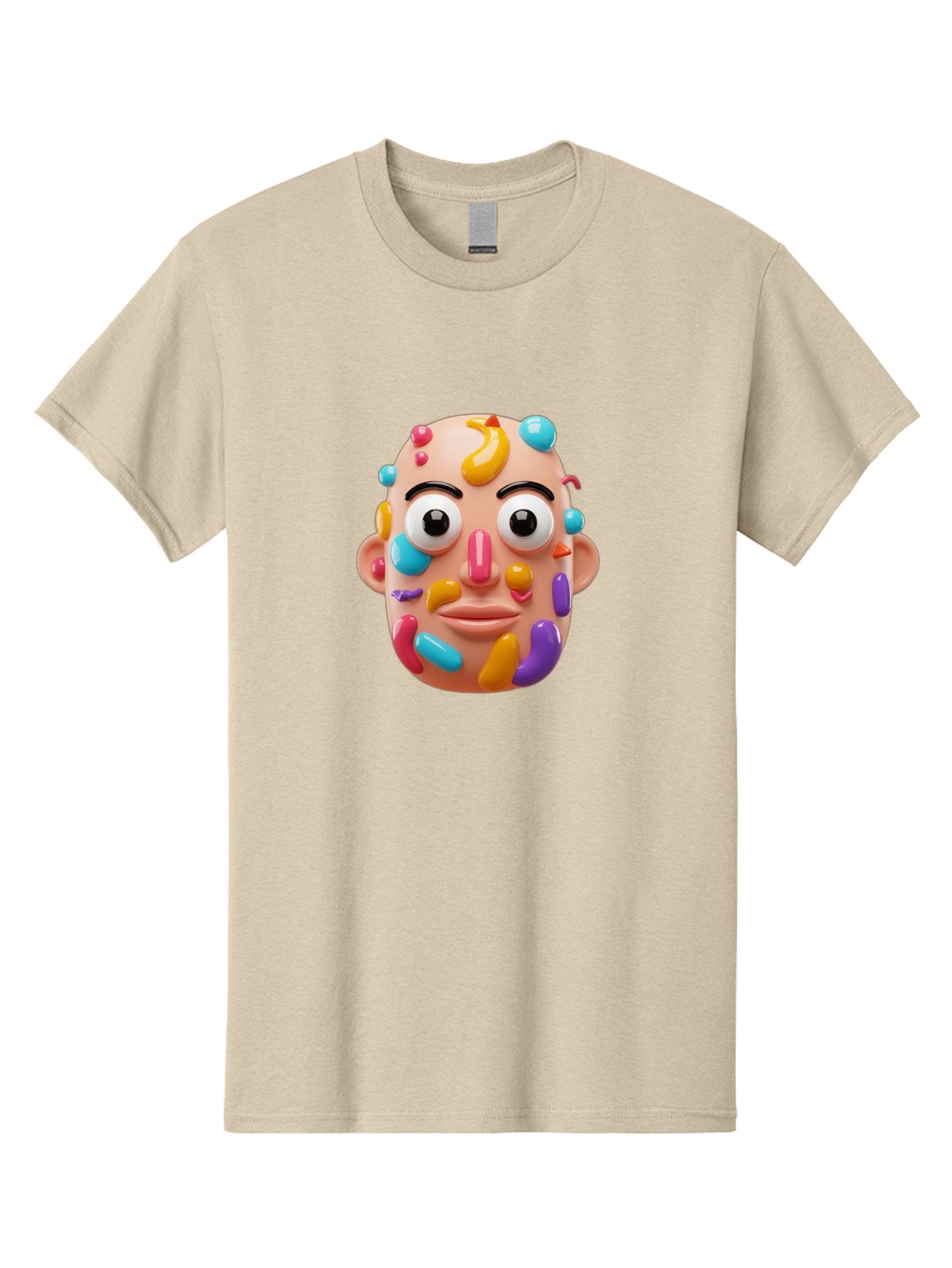 Face-With-Jelly-Beans Men'S Graphic Tee, 100% Cotton, Comfortable Casual Summer Wear, Machine Washable, Cartoon Head, Colorful Face, 3D Rendering, Vibrant Colors, Playful Design, Exaggerated Features, Creative Art, Digital Illustration, Bae445 12