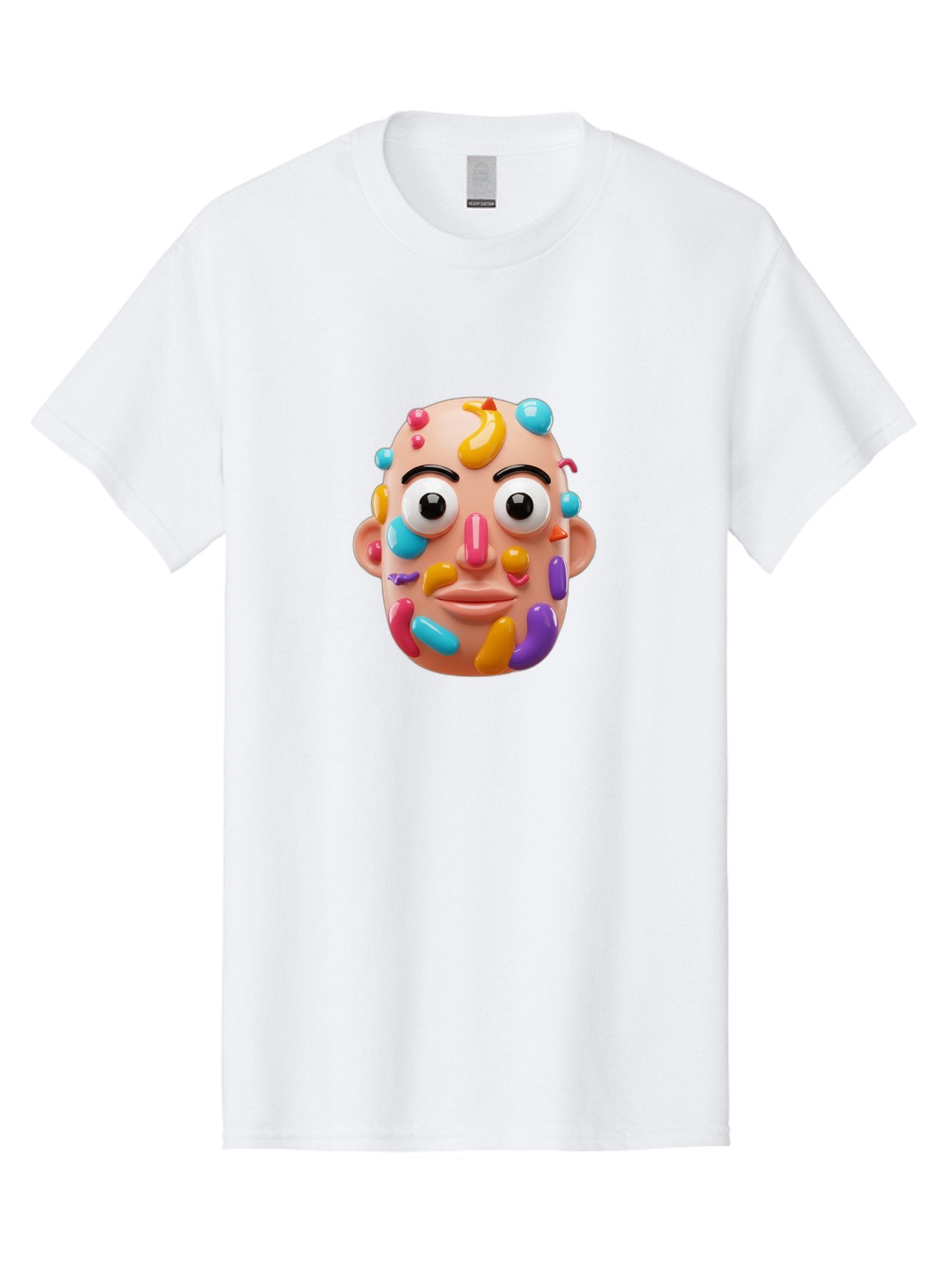 Face-With-Jelly-Beans Men'S Graphic Tee, 100% Cotton, Comfortable Casual Summer Wear, Machine Washable, Cartoon Head, Colorful Face, 3D Rendering, Vibrant Colors, Playful Design, Exaggerated Features, Creative Art, Digital Illustration, Bae445 10