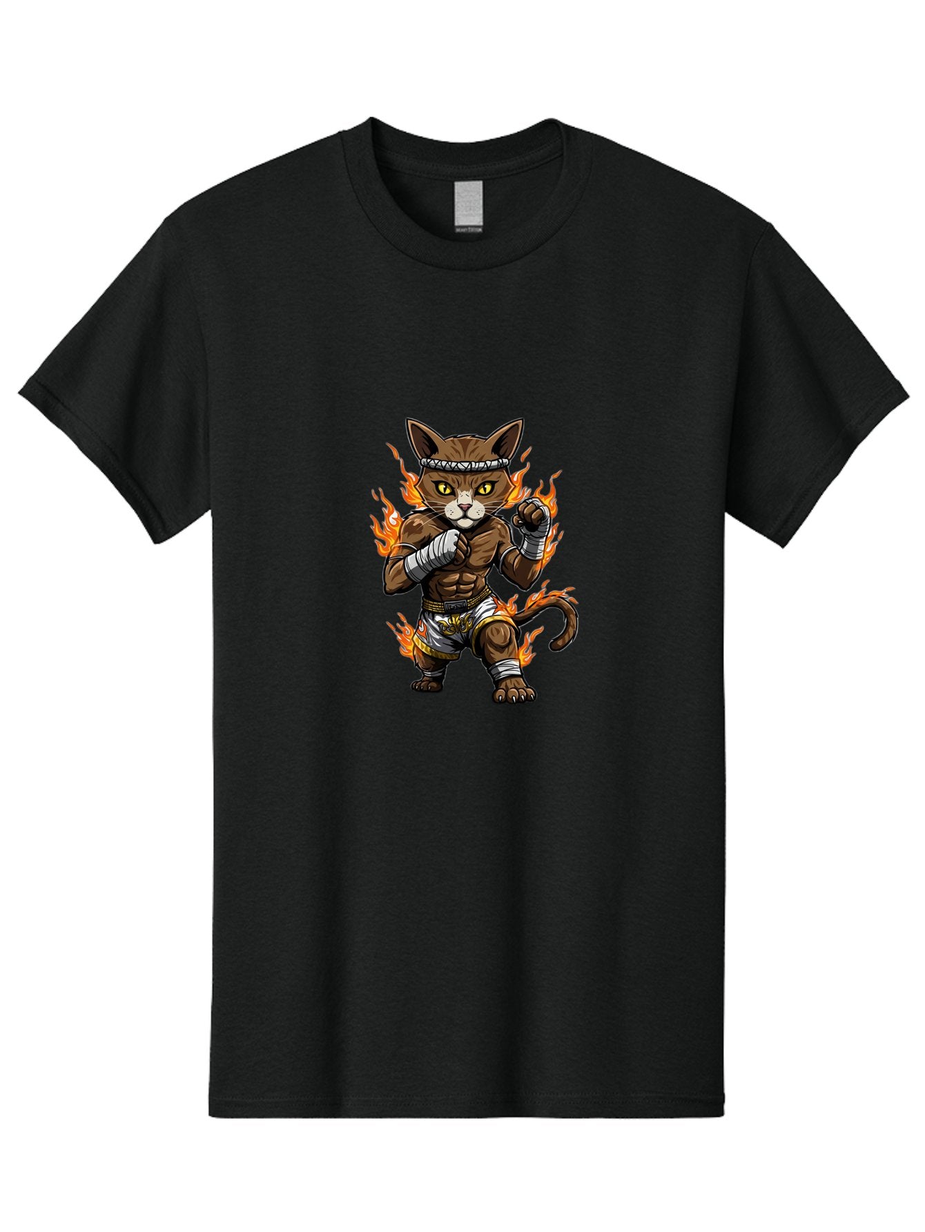 Fighter-Cat Men'S Graphic Tee, 100% Cotton, Comfortable Casual Summer Wear, Machine Washable, Cartoon Cat, Muay Thai Fighter, Martial Arts, Combat Sports, Fighting Stance, Boxing Gloves, Flames, Aggressive Posture, Anthropomorphic Cat, Bae446 8