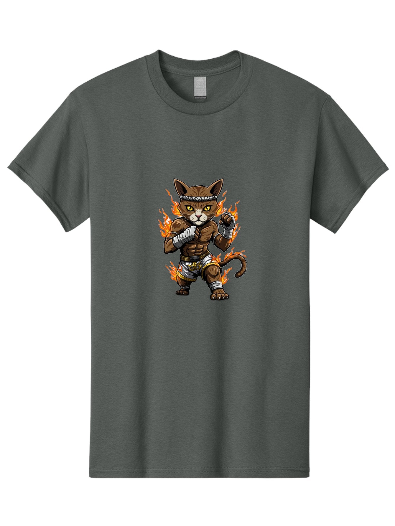 Fighter-Cat Men'S Graphic Tee, 100% Cotton, Comfortable Casual Summer Wear, Machine Washable, Cartoon Cat, Muay Thai Fighter, Martial Arts, Combat Sports, Fighting Stance, Boxing Gloves, Flames, Aggressive Posture, Anthropomorphic Cat, Bae446 5