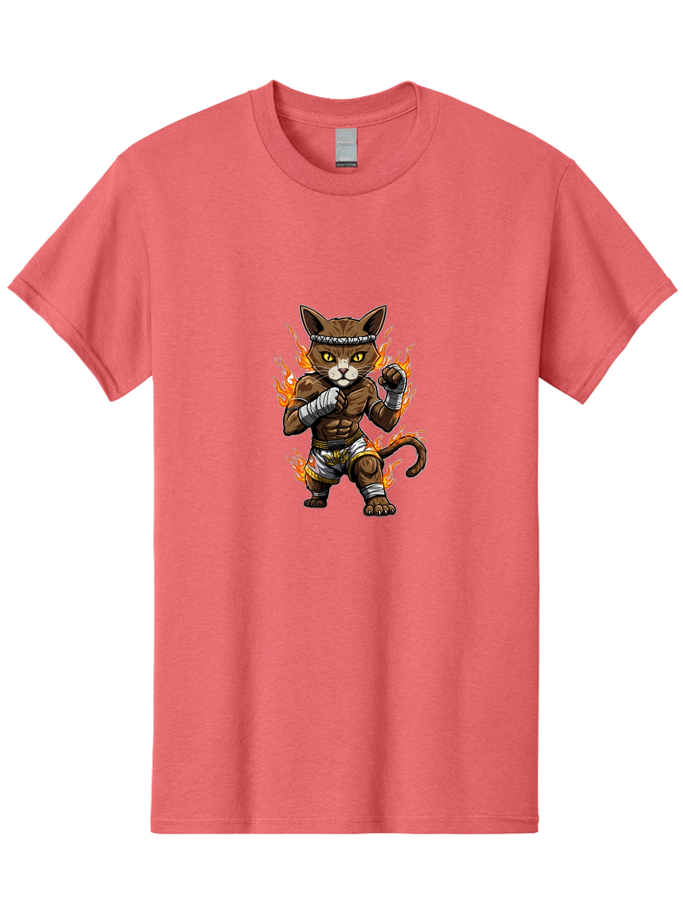 Fighter-Cat Men'S Graphic Tee, 100% Cotton, Comfortable Casual Summer Wear, Machine Washable, Cartoon Cat, Muay Thai Fighter, Martial Arts, Combat Sports, Fighting Stance, Boxing Gloves, Flames, Aggressive Posture, Anthropomorphic Cat, Bae446 4