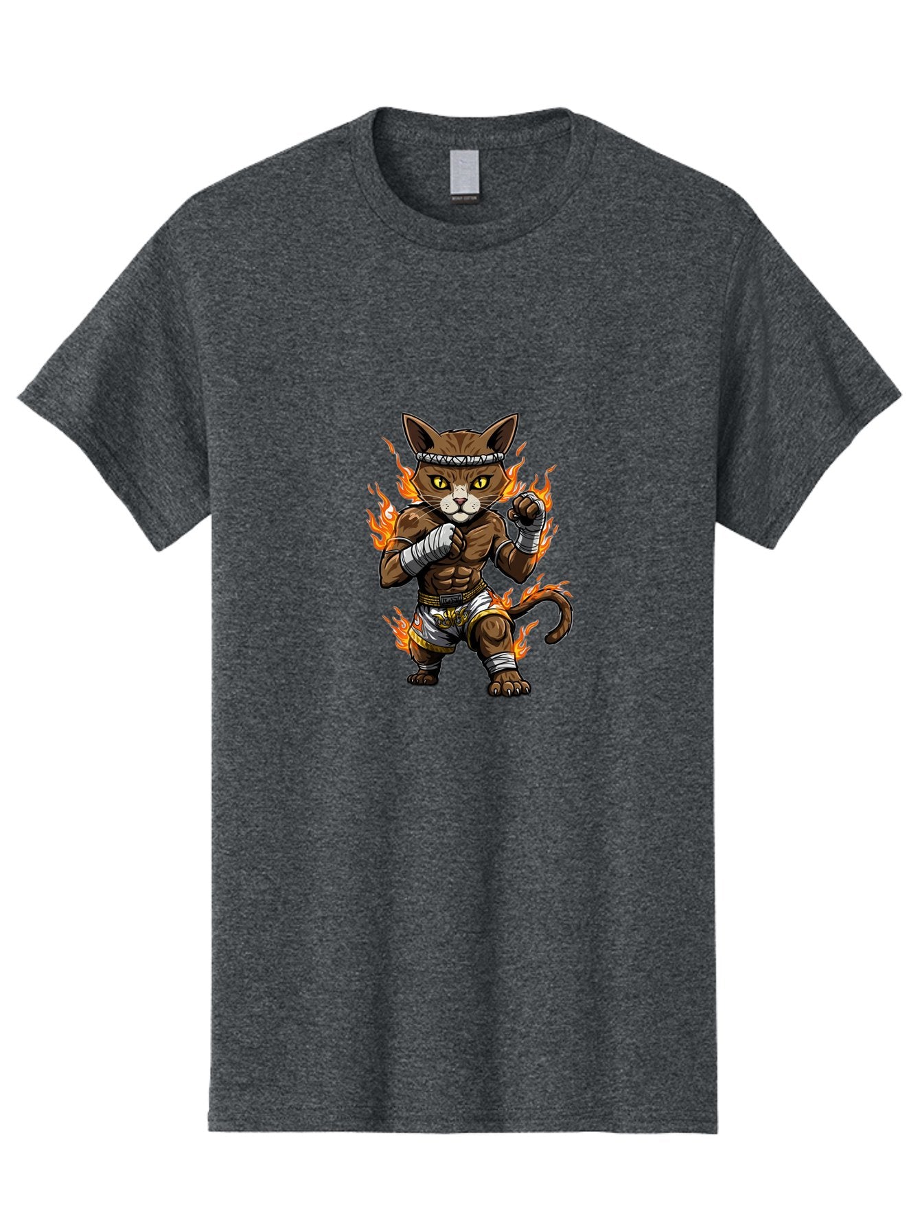 Fighter-Cat Men'S Graphic Tee, 100% Cotton, Comfortable Casual Summer Wear, Machine Washable, Cartoon Cat, Muay Thai Fighter, Martial Arts, Combat Sports, Fighting Stance, Boxing Gloves, Flames, Aggressive Posture, Anthropomorphic Cat, Bae446