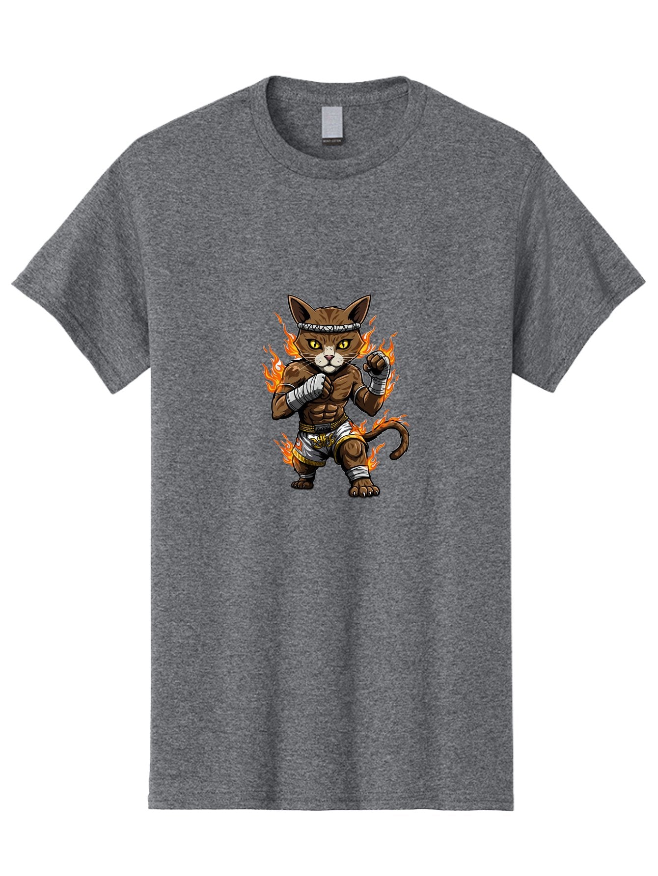 Fighter-Cat Men'S Graphic Tee, 100% Cotton, Comfortable Casual Summer Wear, Machine Washable, Cartoon Cat, Muay Thai Fighter, Martial Arts, Combat Sports, Fighting Stance, Boxing Gloves, Flames, Aggressive Posture, Anthropomorphic Cat, Bae446
