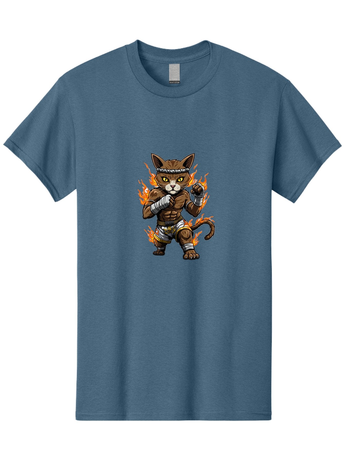 Fighter-Cat Men'S Graphic Tee, 100% Cotton, Comfortable Casual Summer Wear, Machine Washable, Cartoon Cat, Muay Thai Fighter, Martial Arts, Combat Sports, Fighting Stance, Boxing Gloves, Flames, Aggressive Posture, Anthropomorphic Cat, Bae446 9