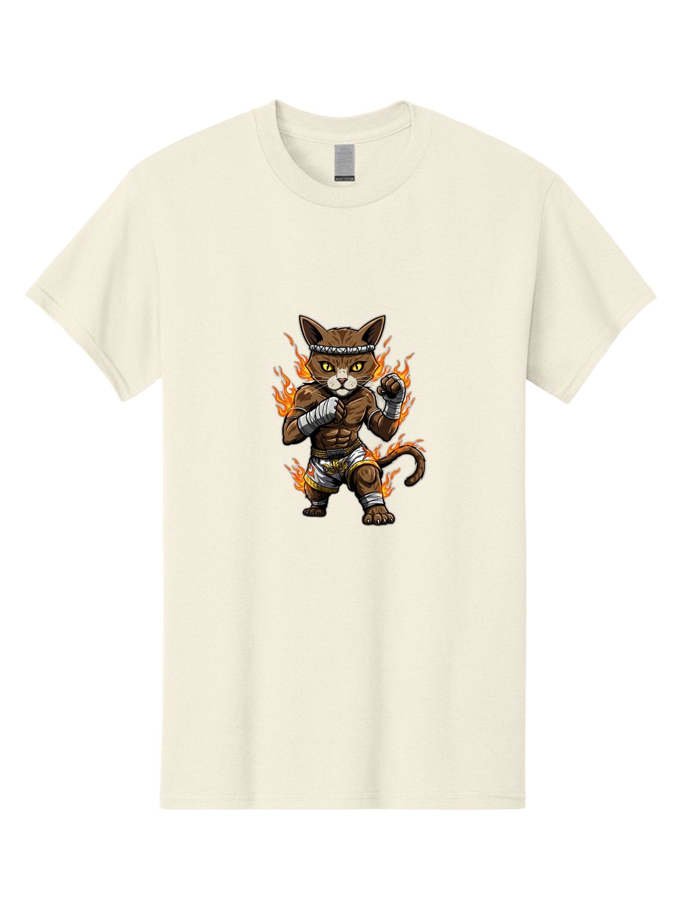 Fighter-Cat Men'S Graphic Tee, 100% Cotton, Comfortable Casual Summer Wear, Machine Washable, Cartoon Cat, Muay Thai Fighter, Martial Arts, Combat Sports, Fighting Stance, Boxing Gloves, Flames, Aggressive Posture, Anthropomorphic Cat, Bae446 7