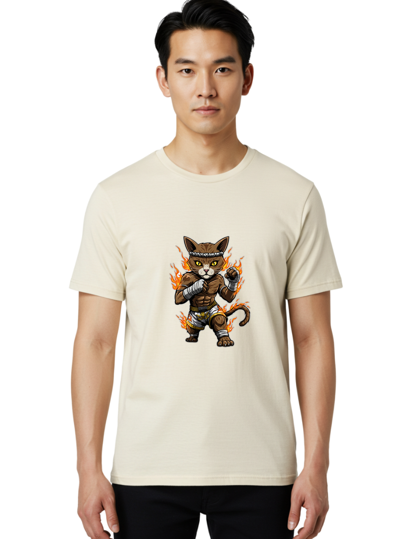 Fighter-Cat Men'S Graphic Tee, 100% Cotton, Comfortable Casual Summer Wear, Machine Washable, Cartoon Cat, Muay Thai Fighter, Martial Arts, Combat Sports, Fighting Stance, Boxing Gloves, Flames, Aggressive Posture, Anthropomorphic Cat, Bae446 28