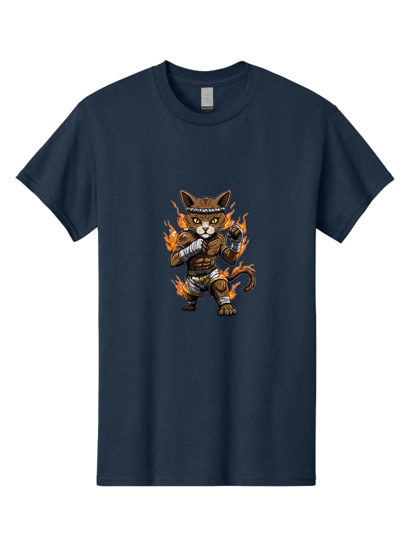 Fighter-Cat Men'S Graphic Tee, 100% Cotton, Comfortable Casual Summer Wear, Machine Washable, Cartoon Cat, Muay Thai Fighter, Martial Arts, Combat Sports, Fighting Stance, Boxing Gloves, Flames, Aggressive Posture, Anthropomorphic Cat, Bae446 6