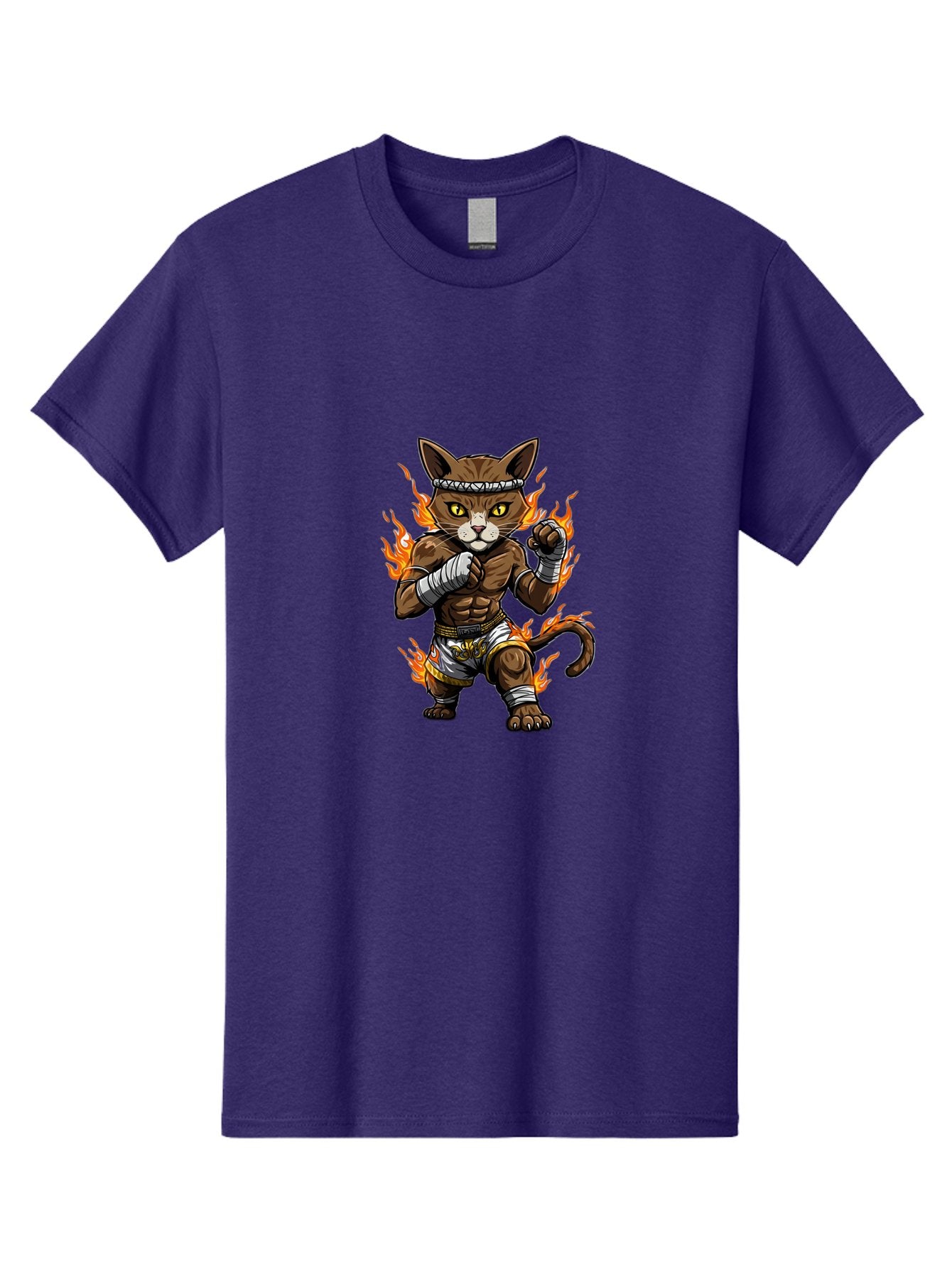 Fighter-Cat Men'S Graphic Tee, 100% Cotton, Comfortable Casual Summer Wear, Machine Washable, Cartoon Cat, Muay Thai Fighter, Martial Arts, Combat Sports, Fighting Stance, Boxing Gloves, Flames, Aggressive Posture, Anthropomorphic Cat, Bae446 10