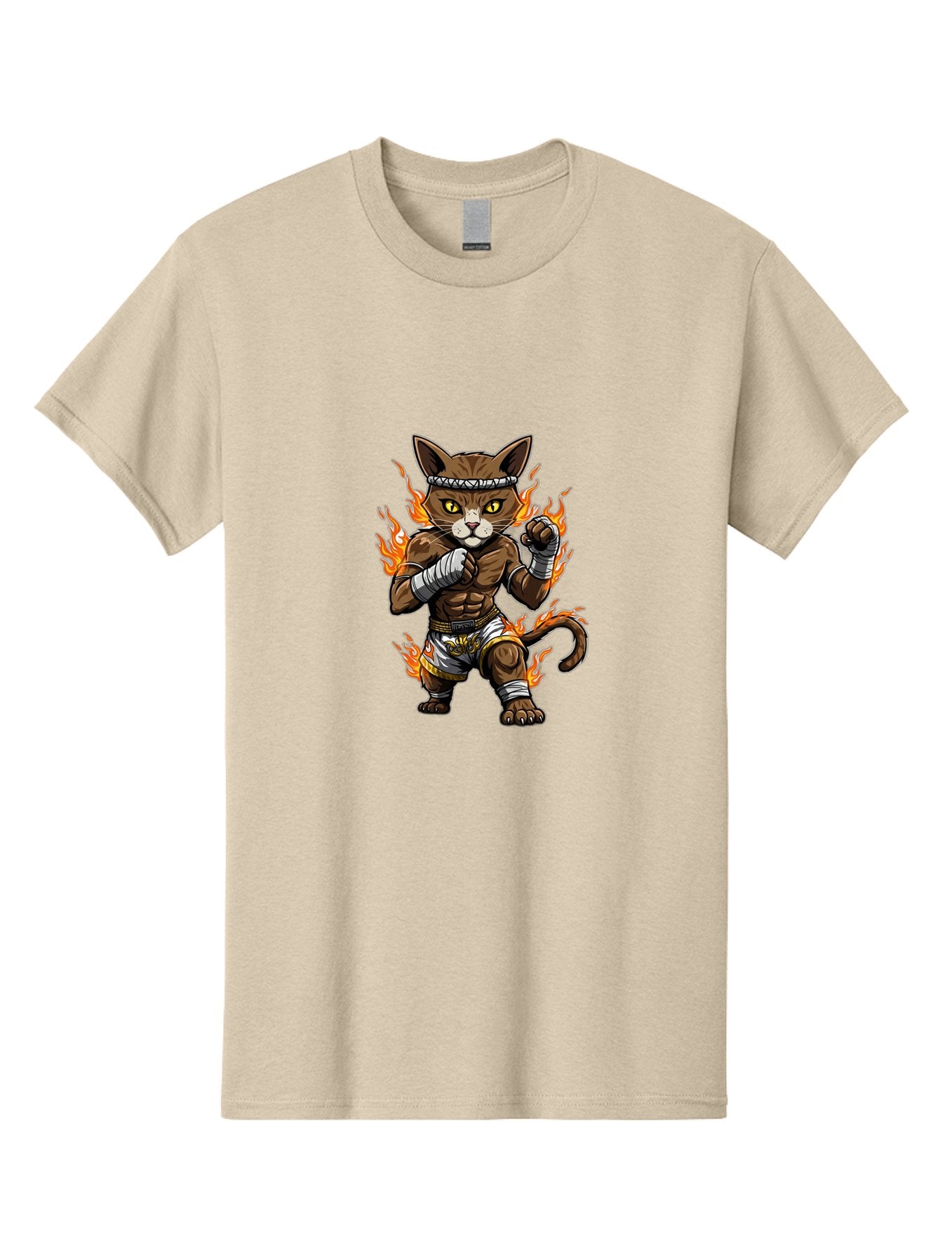 Fighter-Cat Men'S Graphic Tee, 100% Cotton, Comfortable Casual Summer Wear, Machine Washable, Cartoon Cat, Muay Thai Fighter, Martial Arts, Combat Sports, Fighting Stance, Boxing Gloves, Flames, Aggressive Posture, Anthropomorphic Cat, Bae446 15