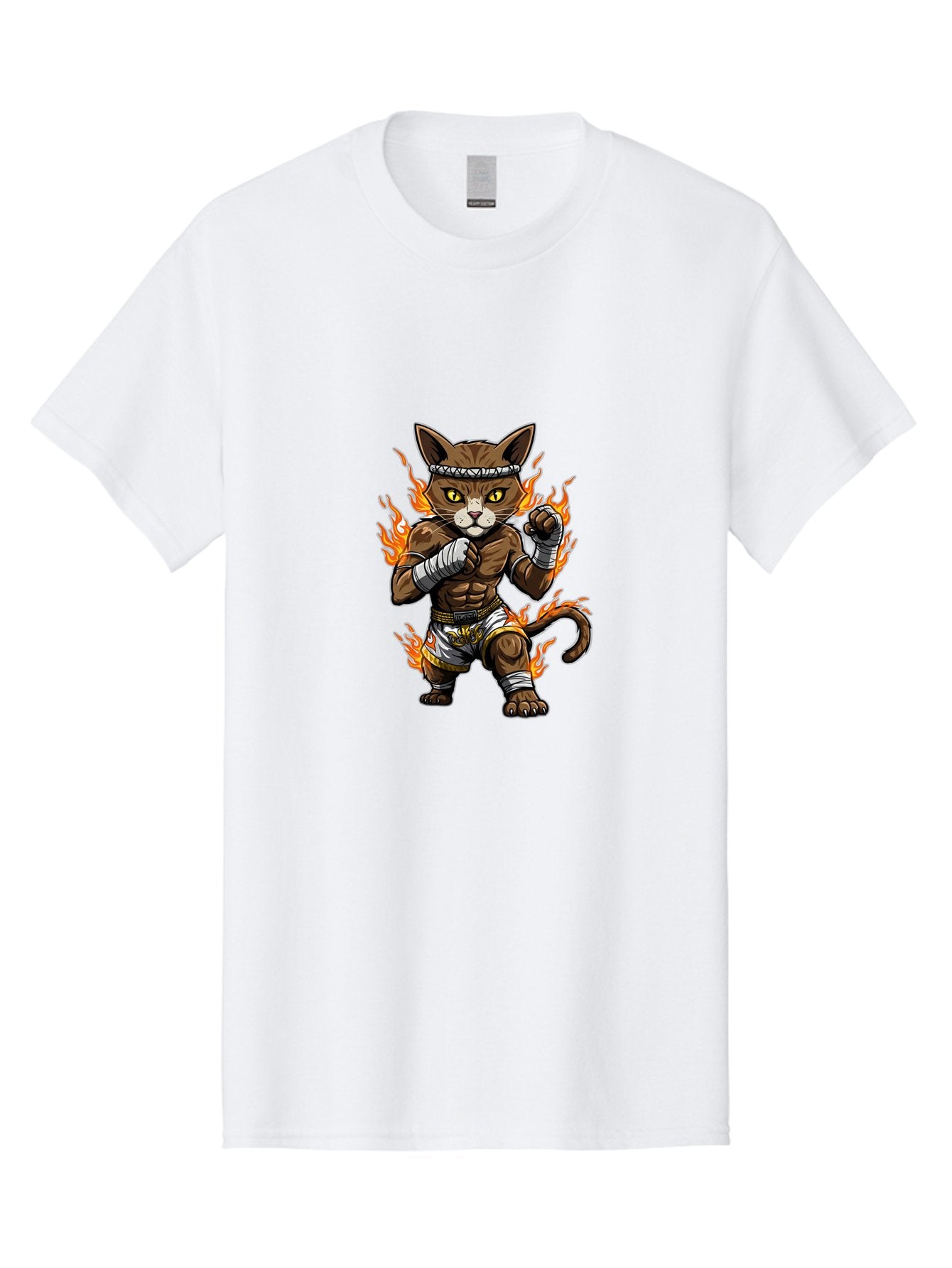 Fighter-Cat Men'S Graphic Tee, 100% Cotton, Comfortable Casual Summer Wear, Machine Washable, Cartoon Cat, Muay Thai Fighter, Martial Arts, Combat Sports, Fighting Stance, Boxing Gloves, Flames, Aggressive Posture, Anthropomorphic Cat, Bae446 12