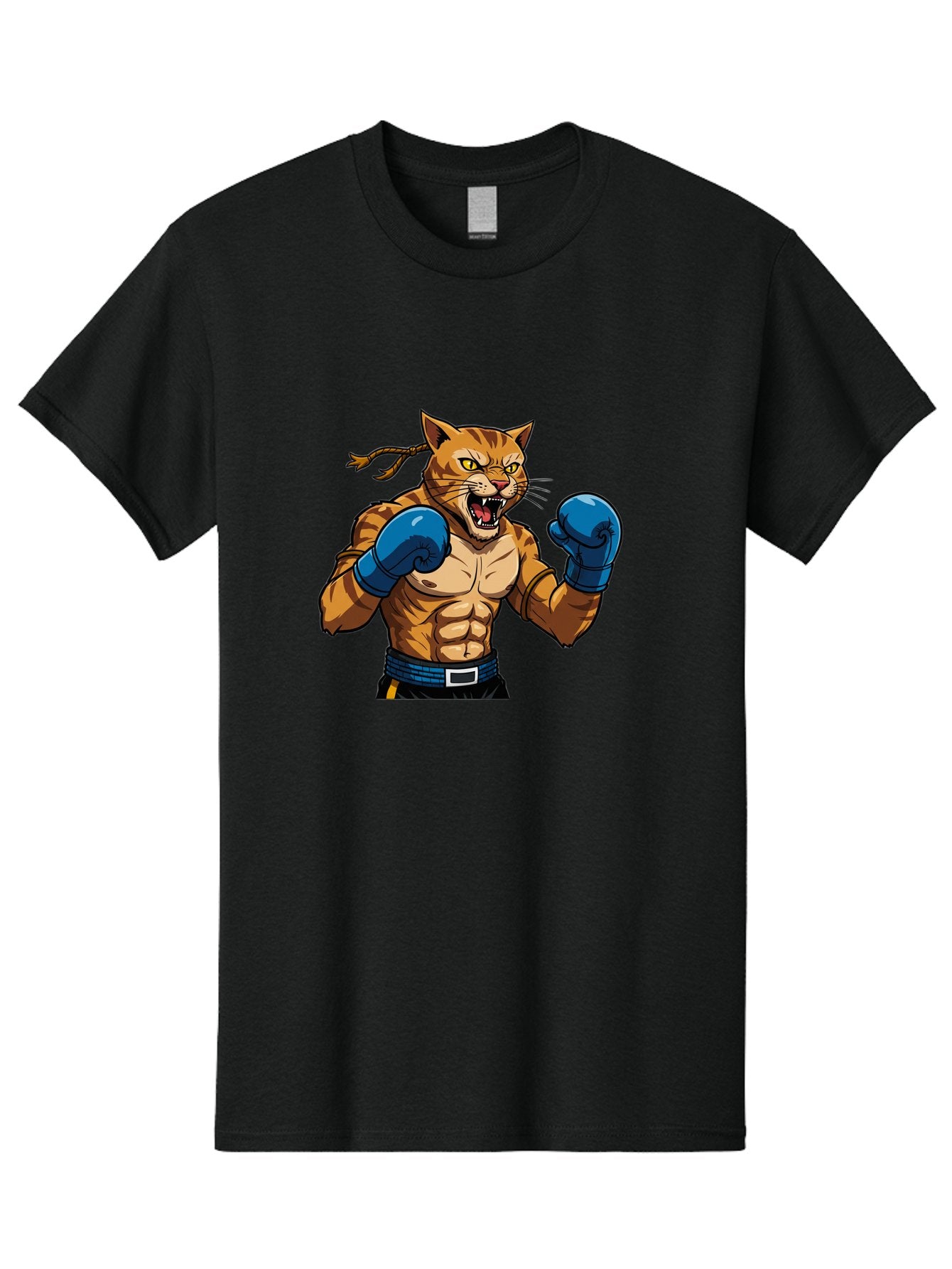 Fighting-Cat Men'S Graphic Tee, 100% Cotton, Comfortable Casual Summer Wear, Machine Washable, Muscular Cat, Boxing Gloves, Anime Style, Aggressive Stance, Fighting Cat, Cartoon Character, Strong Cat, Determined Expression, Braided Hair, Bae447