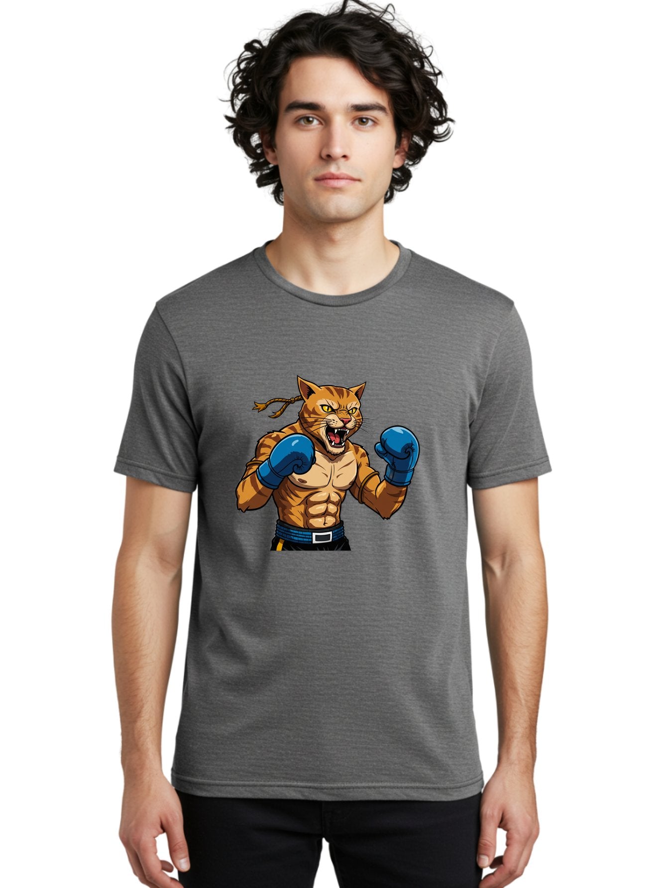 Fighting-Cat Men'S Graphic Tee, 100% Cotton, Comfortable Casual Summer Wear, Machine Washable, Muscular Cat, Boxing Gloves, Anime Style, Aggressive Stance, Fighting Cat, Cartoon Character, Strong Cat, Determined Expression, Braided Hair, Bae447 30