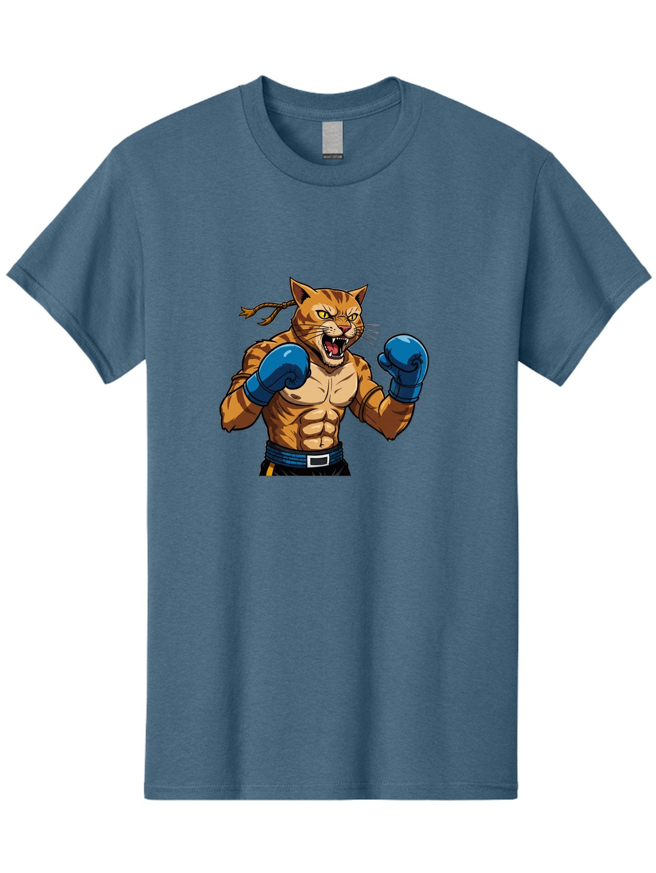 Fighting-Cat Men'S Graphic Tee, 100% Cotton, Comfortable Casual Summer Wear, Machine Washable, Muscular Cat, Boxing Gloves, Anime Style, Aggressive Stance, Fighting Cat, Cartoon Character, Strong Cat, Determined Expression, Braided Hair, Bae447