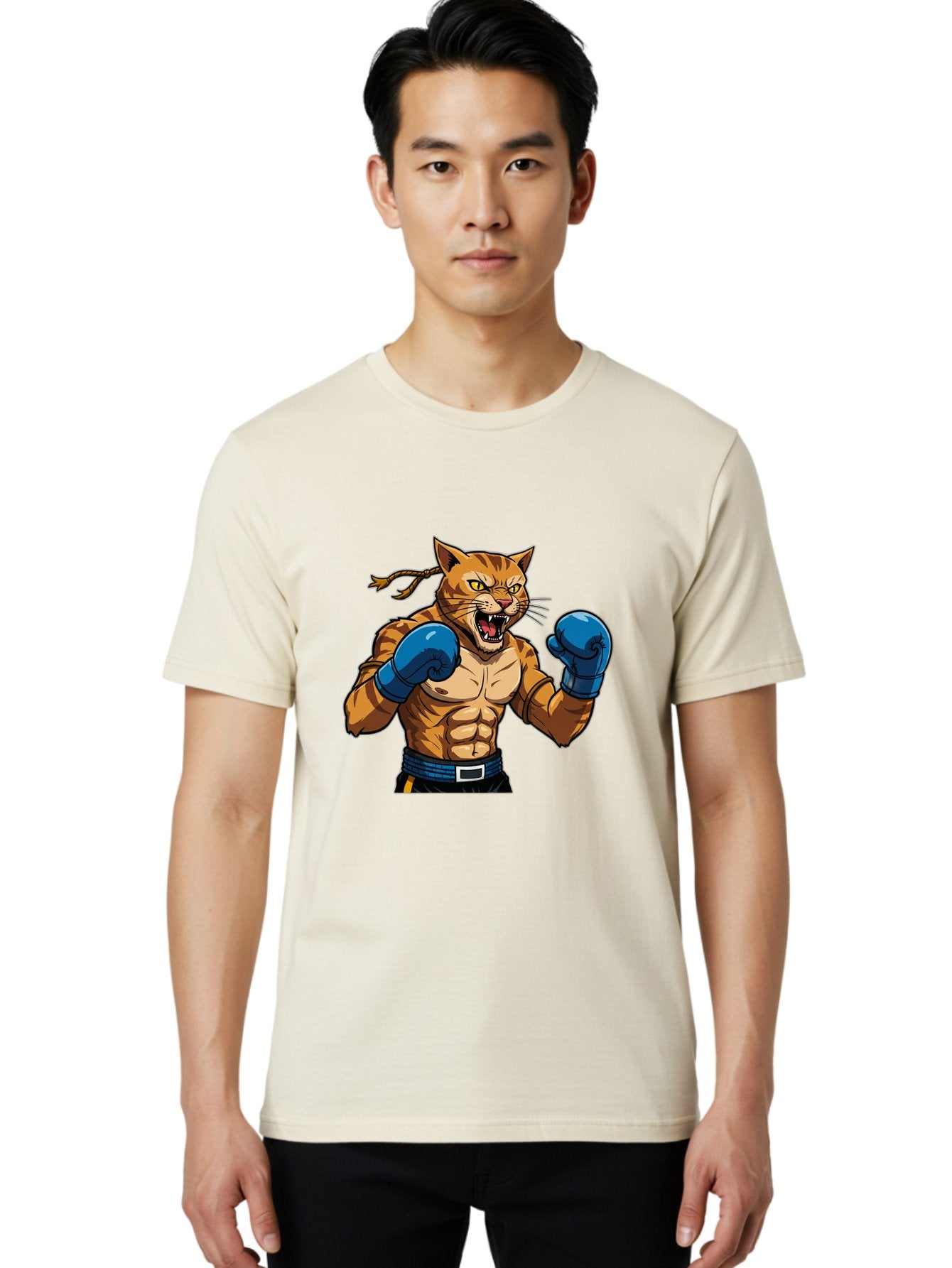 Fighting-Cat Men'S Graphic Tee, 100% Cotton, Comfortable Casual Summer Wear, Machine Washable, Muscular Cat, Boxing Gloves, Anime Style, Aggressive Stance, Fighting Cat, Cartoon Character, Strong Cat, Determined Expression, Braided Hair, Bae447 25