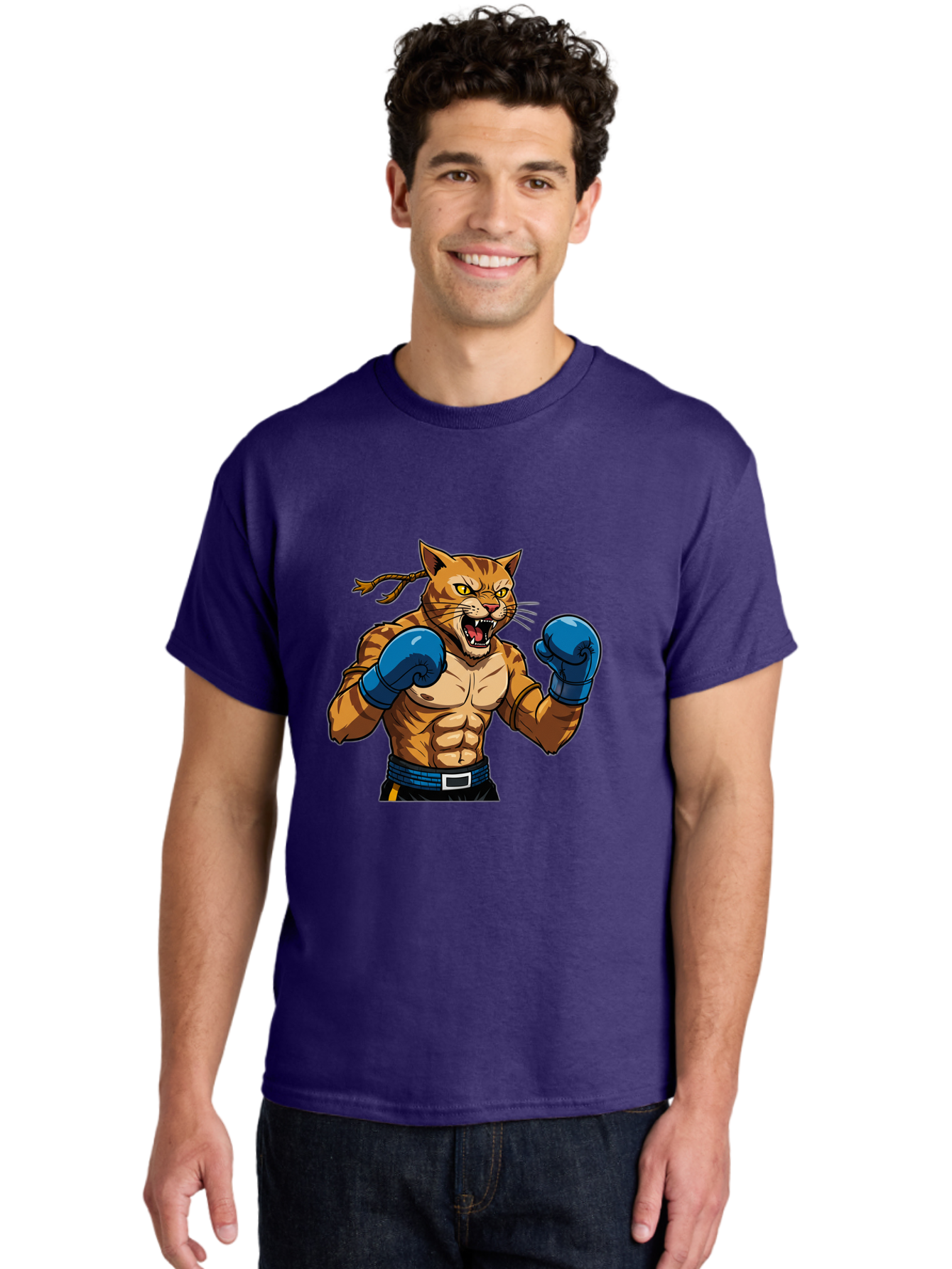 Fighting-Cat Men'S Graphic Tee, 100% Cotton, Comfortable Casual Summer Wear, Machine Washable, Muscular Cat, Boxing Gloves, Anime Style, Aggressive Stance, Fighting Cat, Cartoon Character, Strong Cat, Determined Expression, Braided Hair, Bae447 27