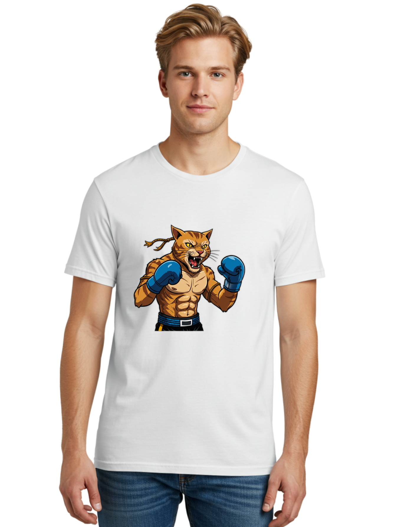 Fighting-Cat Men'S Graphic Tee, 100% Cotton, Comfortable Casual Summer Wear, Machine Washable, Muscular Cat, Boxing Gloves, Anime Style, Aggressive Stance, Fighting Cat, Cartoon Character, Strong Cat, Determined Expression, Braided Hair, Bae447 17