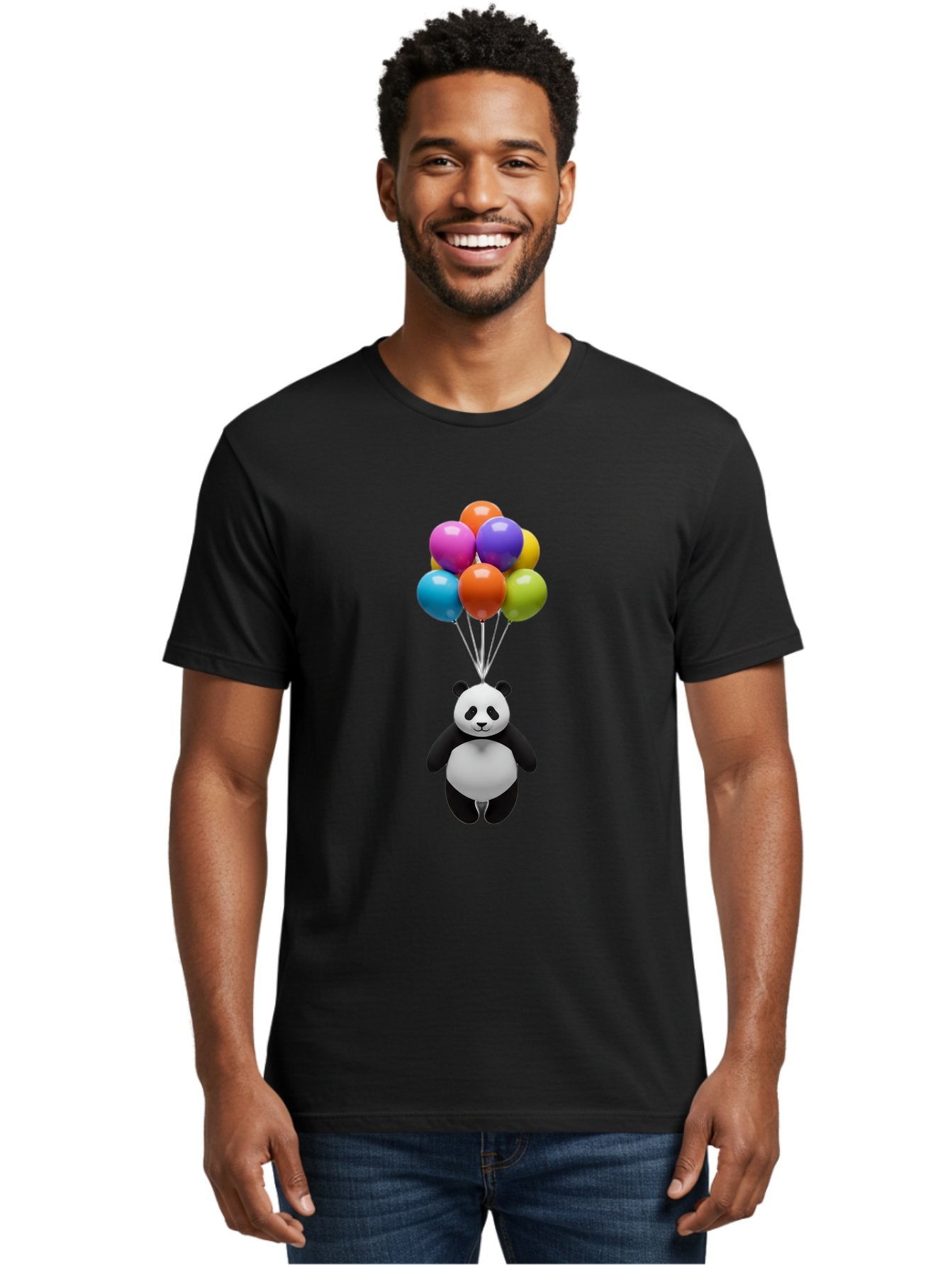 Floating-Panda Men'S Graphic Tee, 100% Cotton, Comfortable Casual Summer Wear, Machine Washable, Cartoon Panda, Floating Panda, Colorful Balloons, Whimsical Design, Cute Character, Playful Illustration, 3D Graphic, Panda Bear, Bae450 22