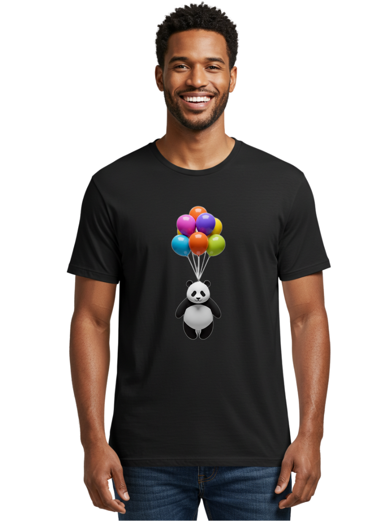 Floating-Panda Men'S Graphic Tee, 100% Cotton, Comfortable Casual Summer Wear, Machine Washable, Cartoon Panda, Floating Panda, Colorful Balloons, Whimsical Design, Cute Character, Playful Illustration, 3D Graphic, Panda Bear, Bae450 24
