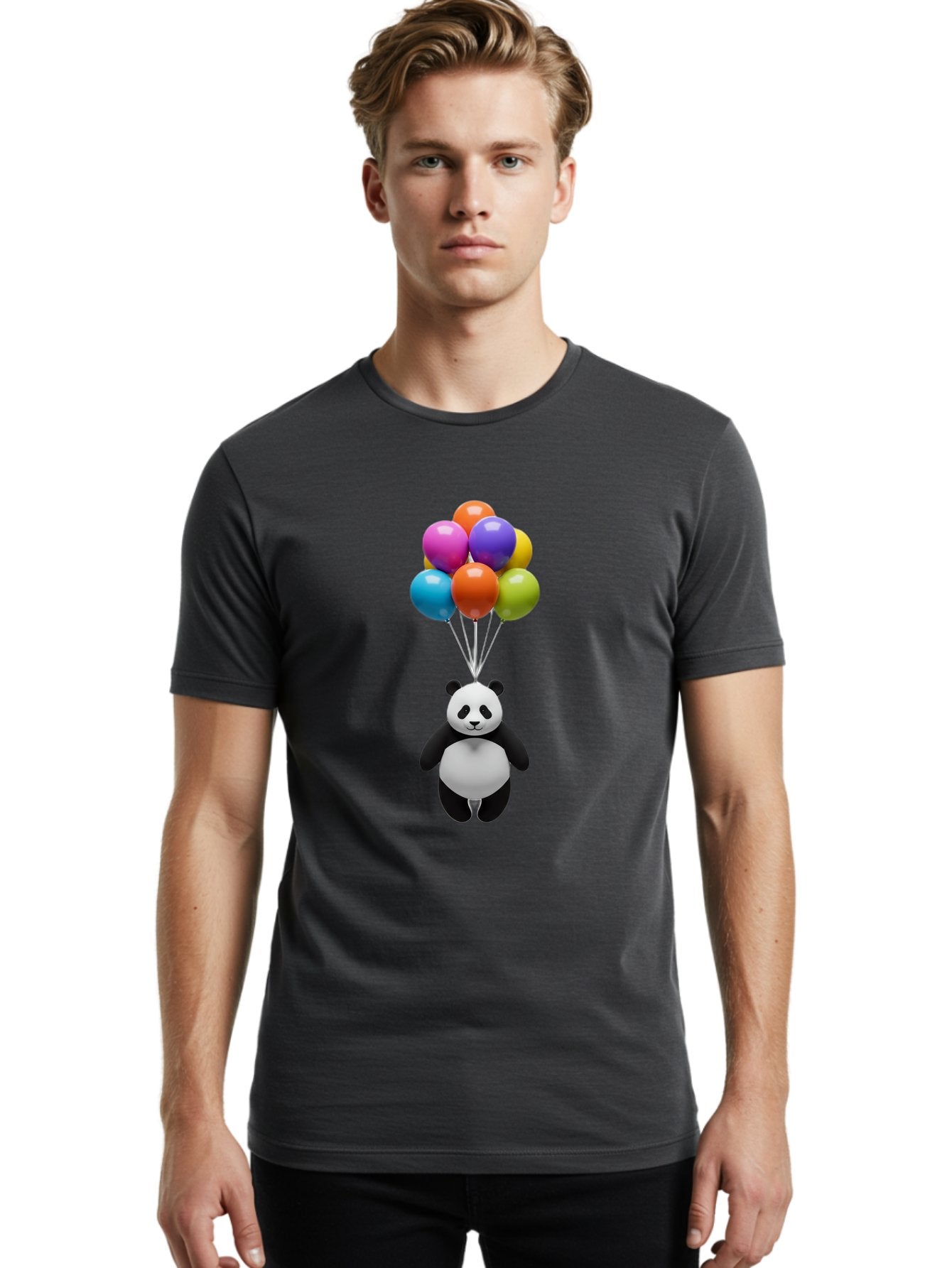 Floating-Panda Men'S Graphic Tee, 100% Cotton, Comfortable Casual Summer Wear, Machine Washable, Cartoon Panda, Floating Panda, Colorful Balloons, Whimsical Design, Cute Character, Playful Illustration, 3D Graphic, Panda Bear, Bae450 25