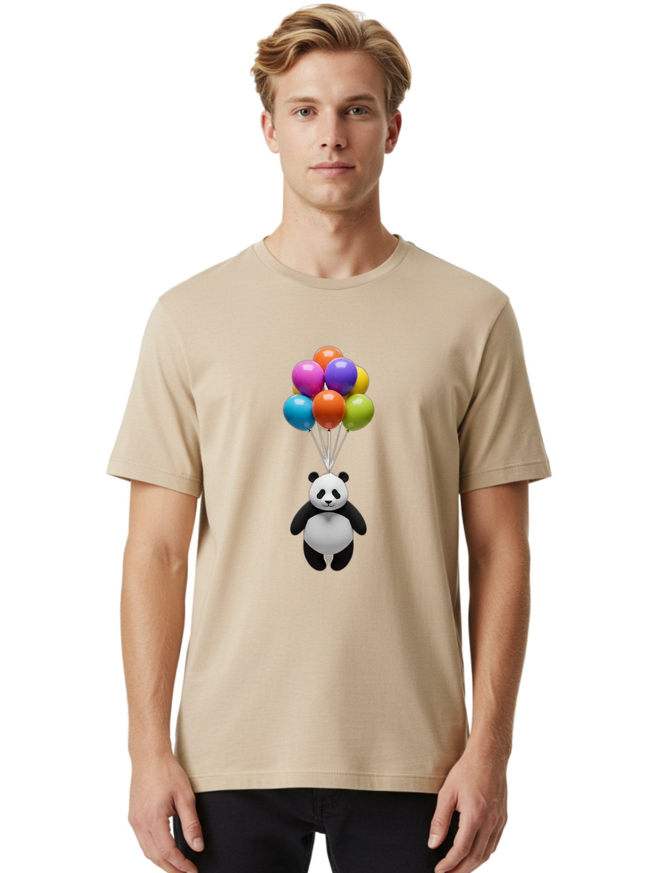 Floating-Panda Men'S Graphic Tee, 100% Cotton, Comfortable Casual Summer Wear, Machine Washable, Cartoon Panda, Floating Panda, Colorful Balloons, Whimsical Design, Cute Character, Playful Illustration, 3D Graphic, Panda Bear, Bae450 21