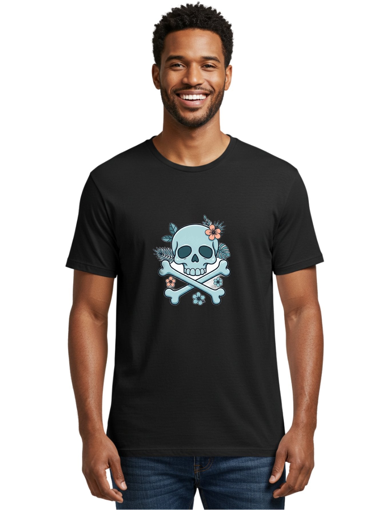 Floral-Skull Men'S Graphic Tee, 100% Cotton, Comfortable Casual Summer Wear, Machine Washable, Skull And Crossbones, Jolly Roger, Pirate Symbol, Floral Design, Colorful Tattoo Art, Gothic Decoration, Crossbones With Flowers, Flower Skull, Bae451 19