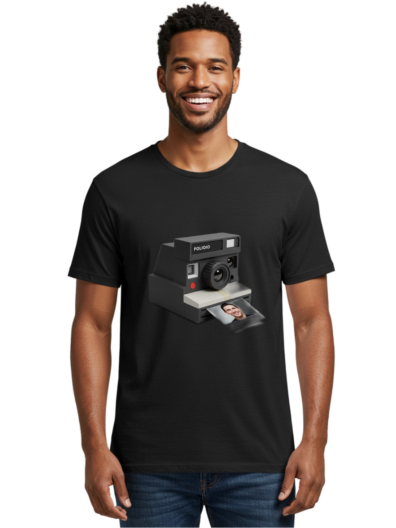 Folioio-Polaroid-Camera Men'S Graphic Tee, 100% Cotton, Comfortable Casual Summer Wear, Machine Washable, Instant Camera, Folioio Brand, Printing Photo, Smiling Woman, Instant Photography, Retro Style, Digital Print, Camera Technology Bae452 25