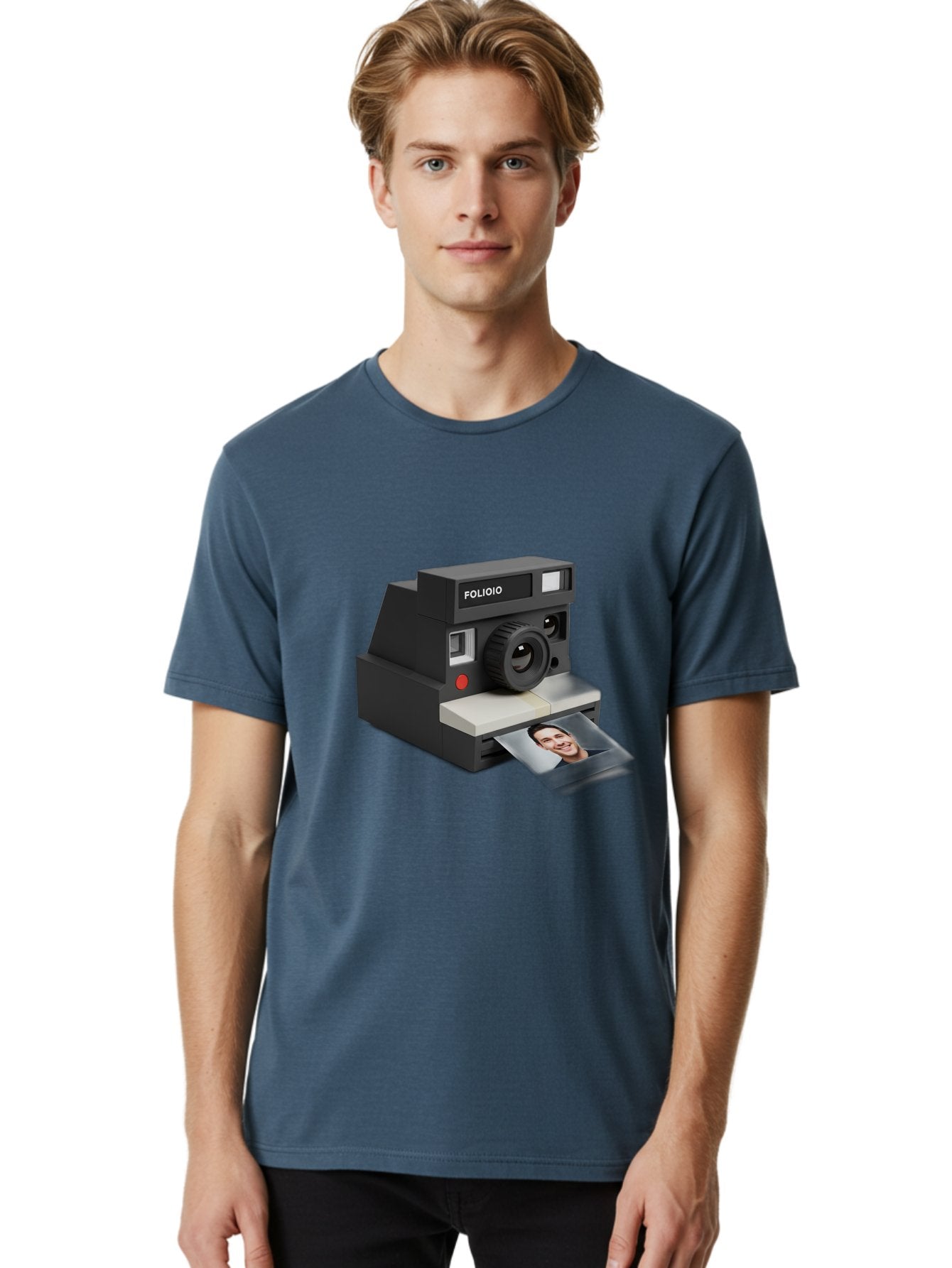 Folioio-Polaroid-Camera Men'S Graphic Tee, 100% Cotton, Comfortable Casual Summer Wear, Machine Washable, Instant Camera, Folioio Brand, Printing Photo, Smiling Woman, Instant Photography, Retro Style, Digital Print, Camera Technology Bae452 23