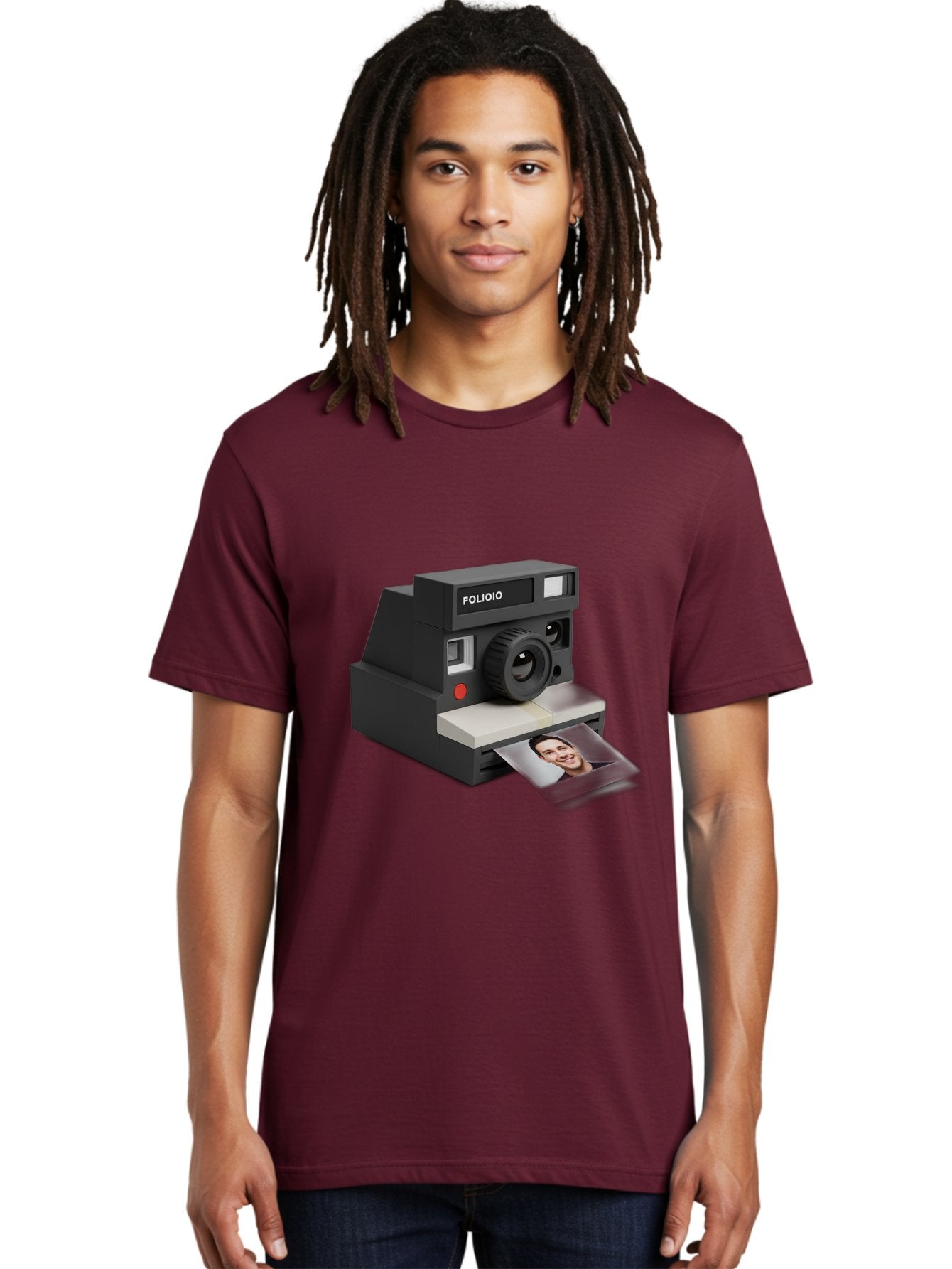 Folioio-Polaroid-Camera Men'S Graphic Tee, 100% Cotton, Comfortable Casual Summer Wear, Machine Washable, Instant Camera, Folioio Brand, Printing Photo, Smiling Woman, Instant Photography, Retro Style, Digital Print, Camera Technology Bae452 30