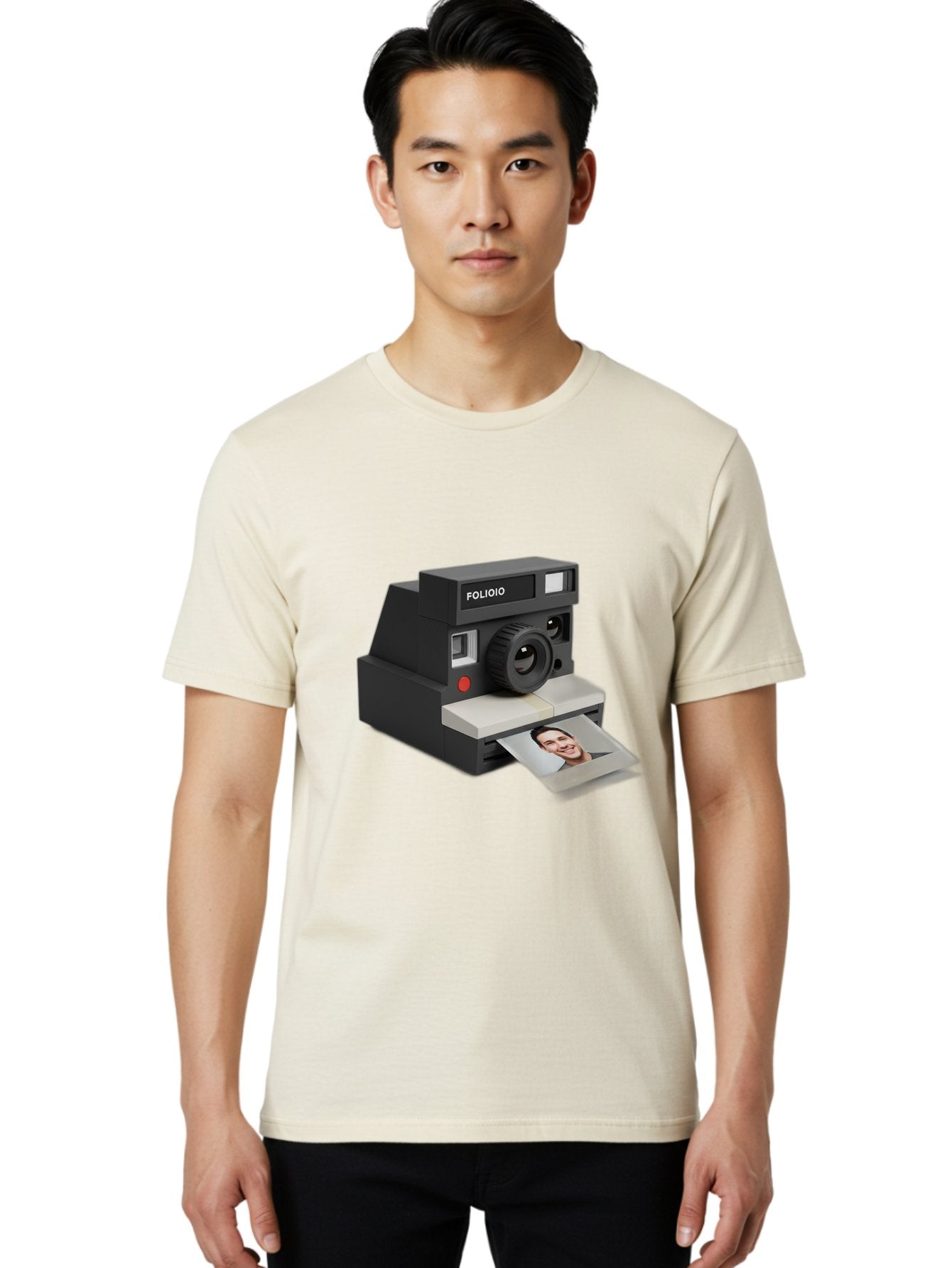 Folioio-Polaroid-Camera Men'S Graphic Tee, 100% Cotton, Comfortable Casual Summer Wear, Machine Washable, Instant Camera, Folioio Brand, Printing Photo, Smiling Woman, Instant Photography, Retro Style, Digital Print, Camera Technology Bae452 29