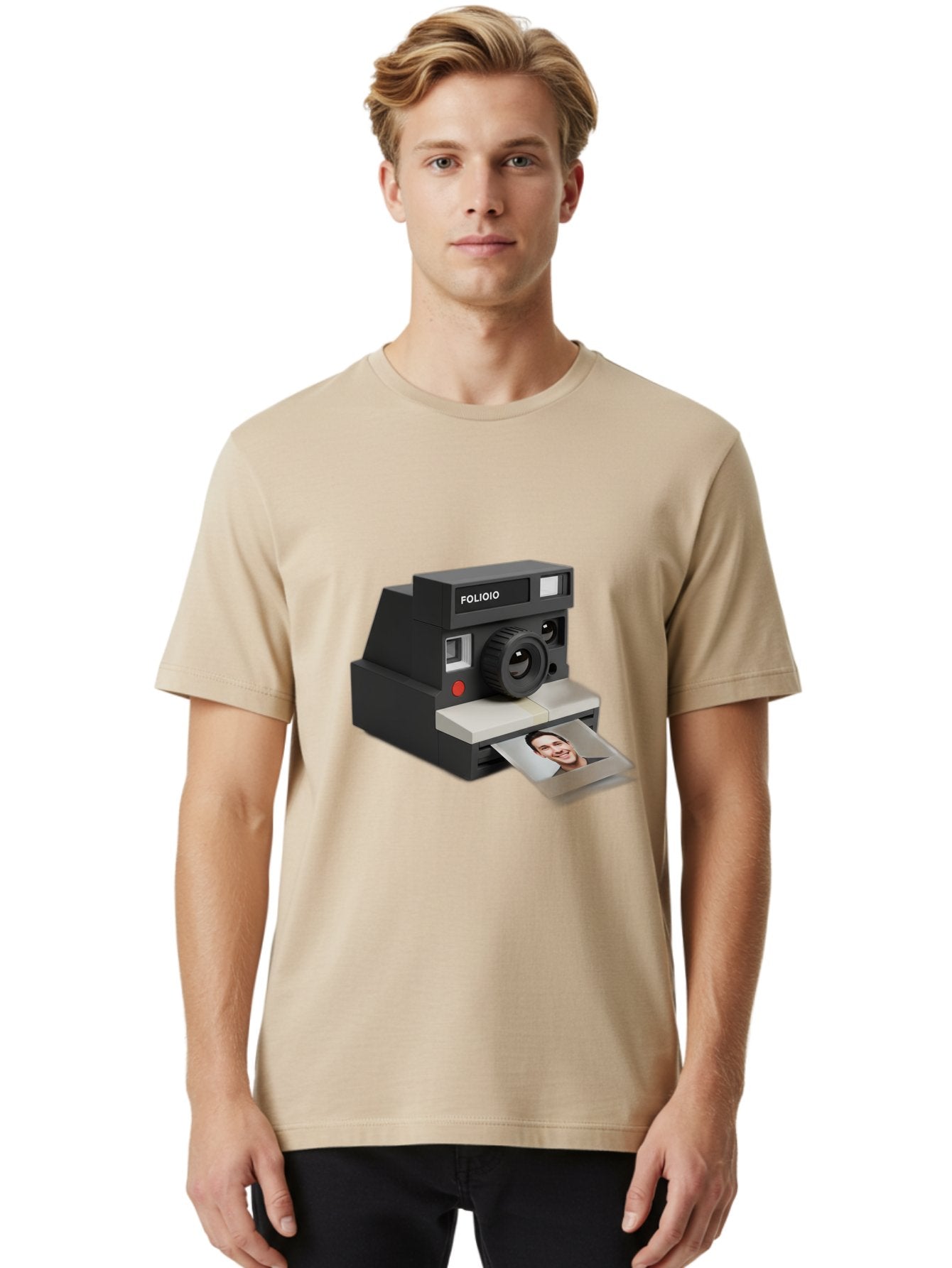 Folioio-Polaroid-Camera Men'S Graphic Tee, 100% Cotton, Comfortable Casual Summer Wear, Machine Washable, Instant Camera, Folioio Brand, Printing Photo, Smiling Woman, Instant Photography, Retro Style, Digital Print, Camera Technology Bae452 24