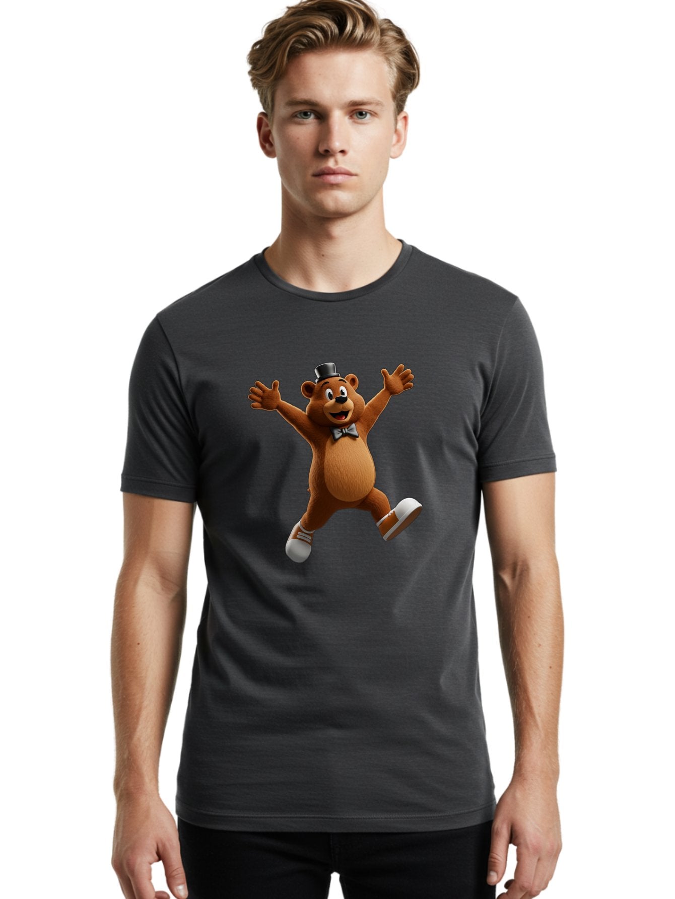 Freddy-Fazbear Men'S Graphic Tee, 100% Cotton, Comfortable Casual Summer Wear, Machine Washable, Cartoon Bear, Dancing Bear, Top Hat, Bow Tie, White Shoes, Playful Expression, Energetic Pose, Animated Character, 3D Rendering, Fun, Lively, Bae453 18